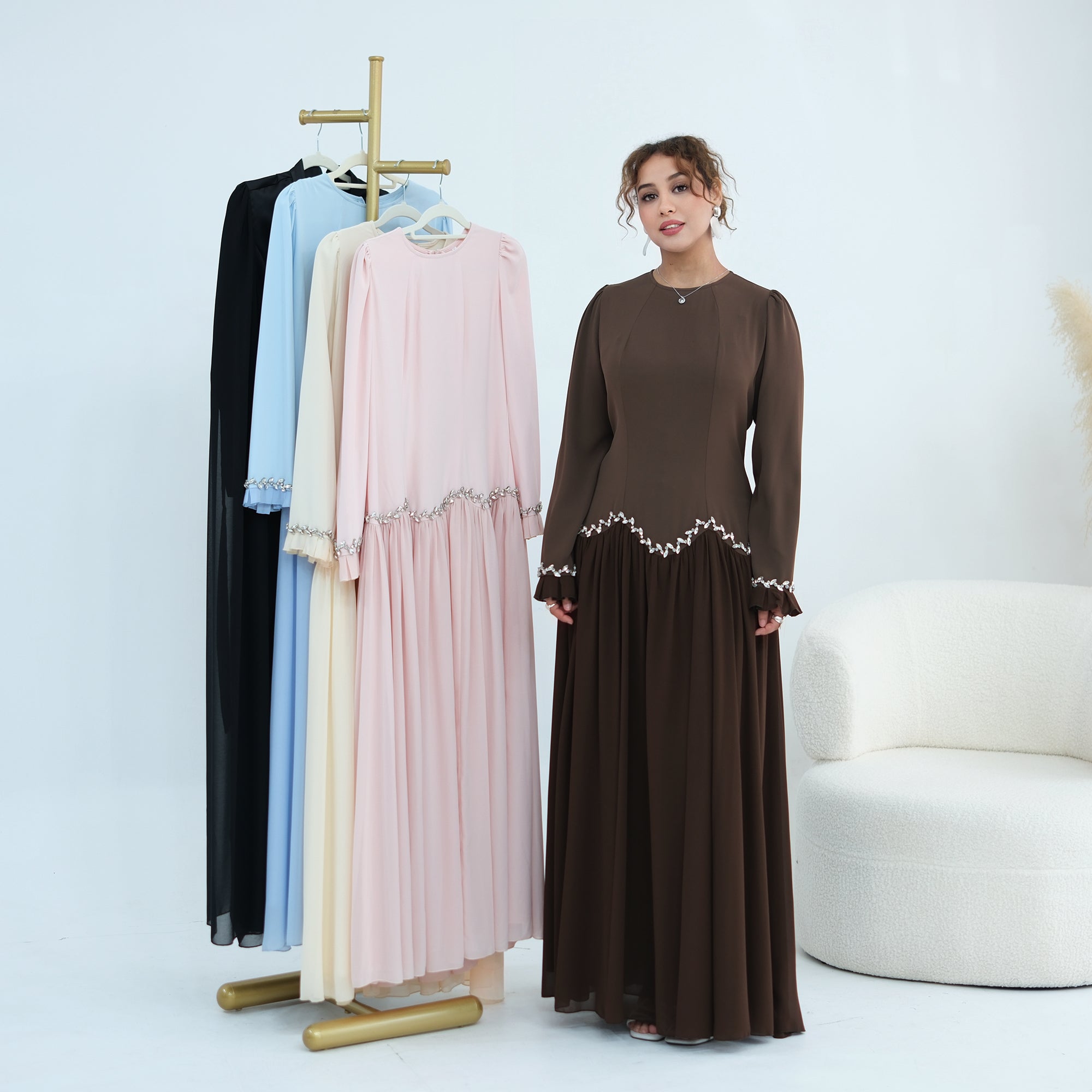 Long-sleeved party elegant stitching diamond dress LR1190