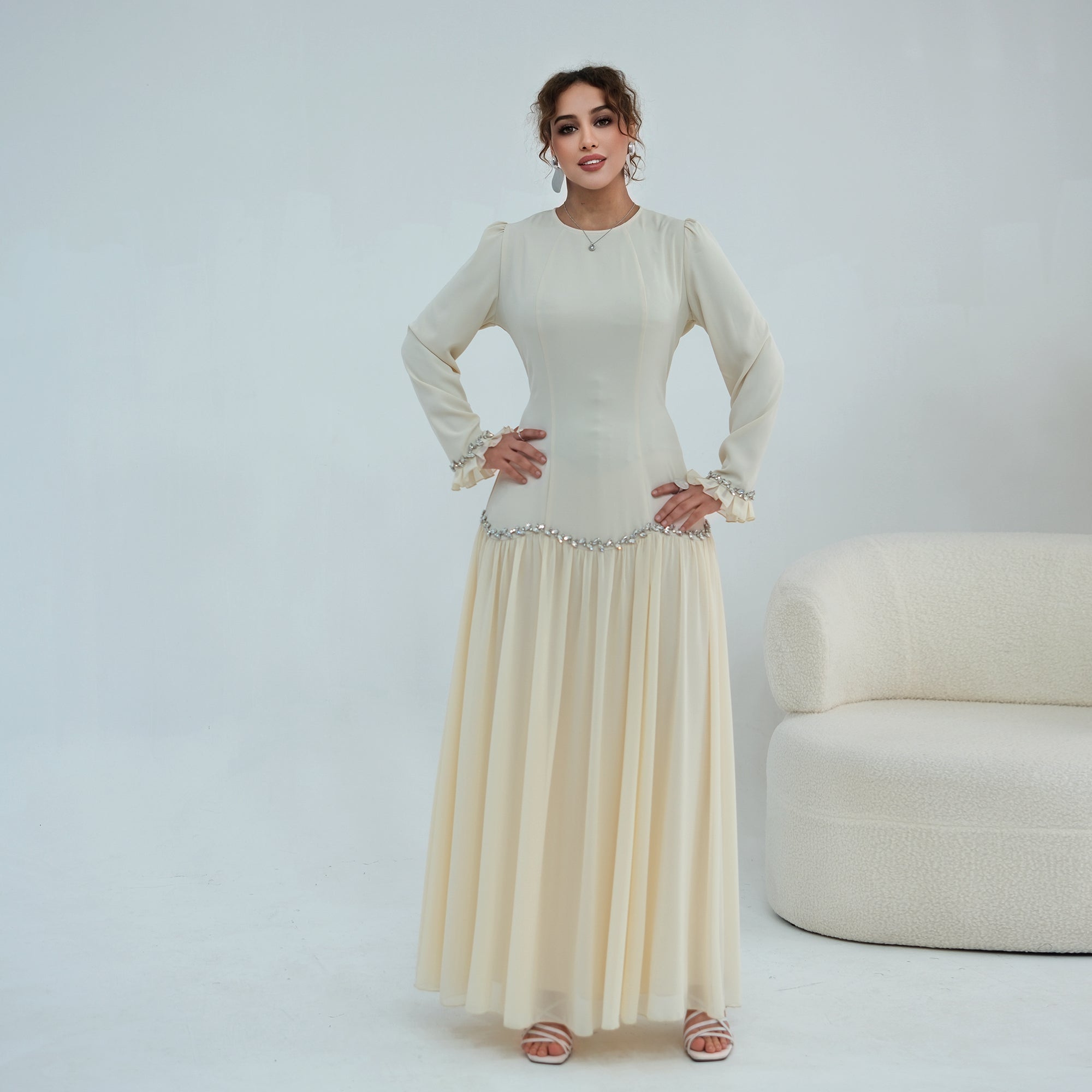 Long-sleeved party elegant stitching diamond dress LR1190