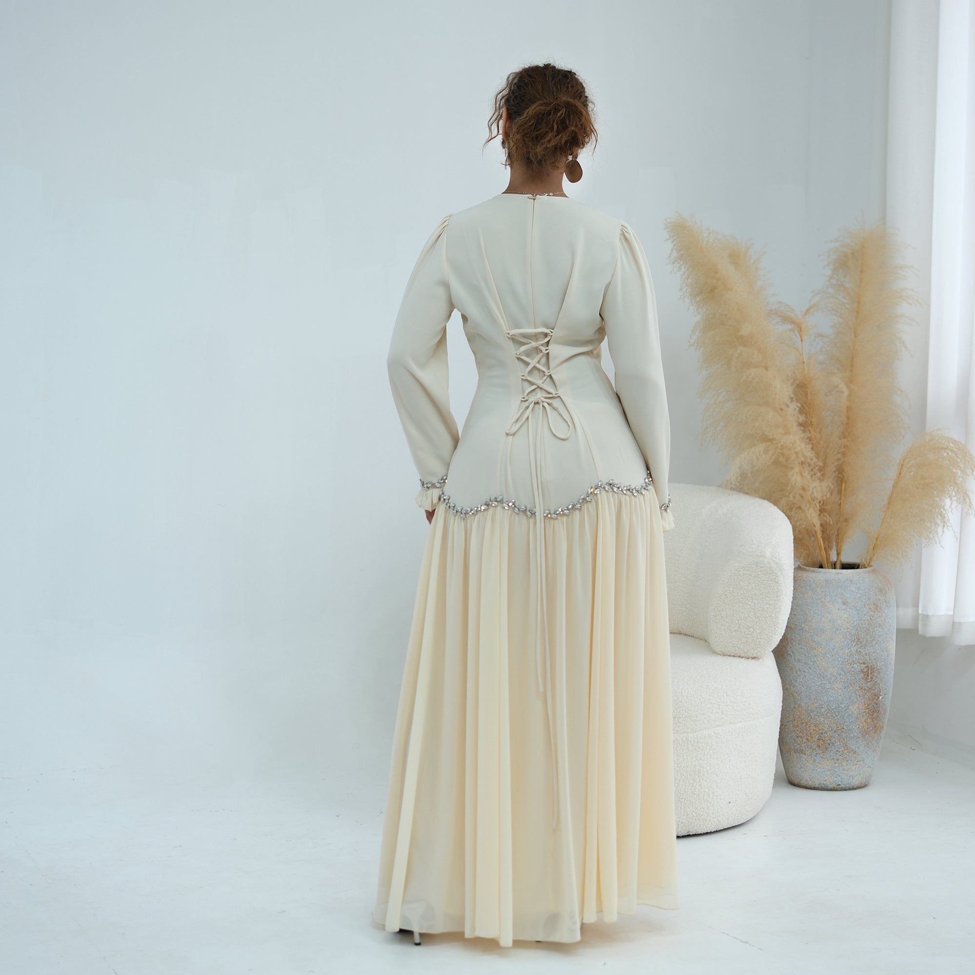 Long-sleeved party elegant stitching diamond dress LR1190