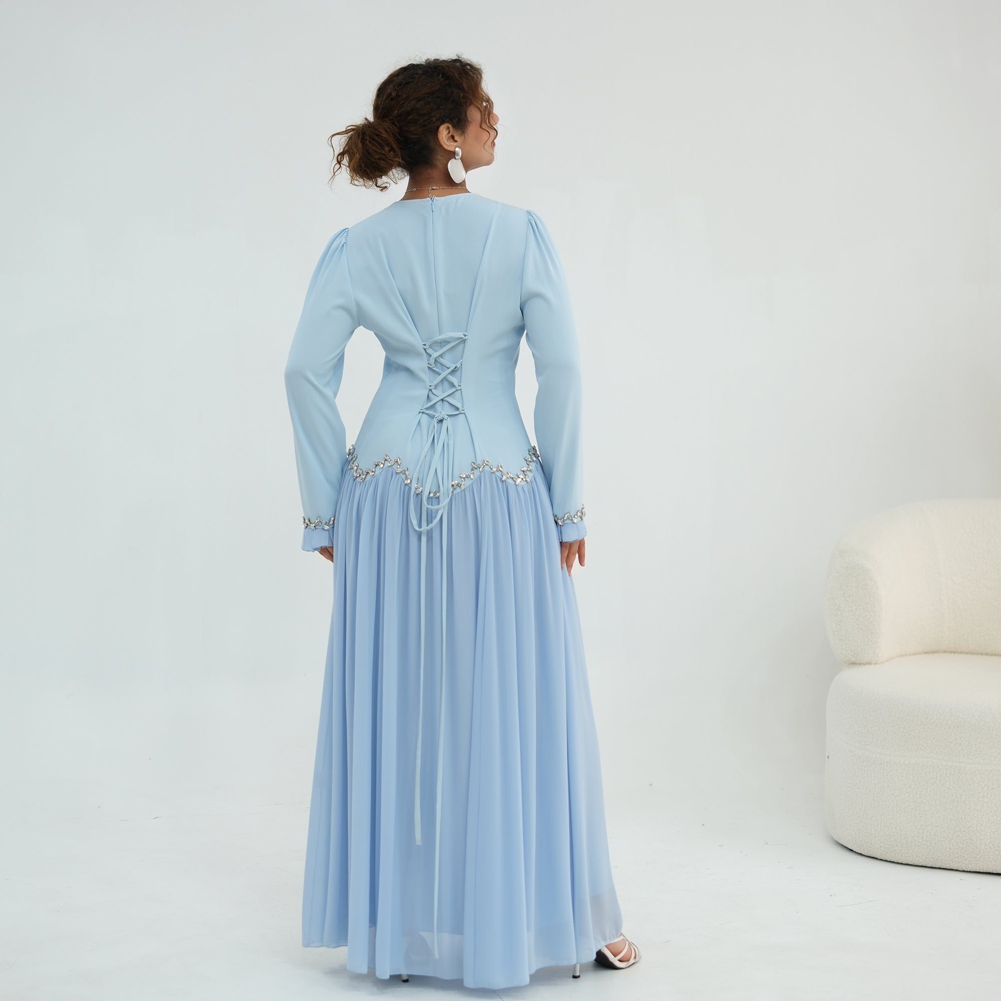 Long-sleeved party elegant stitching diamond dress LR1190