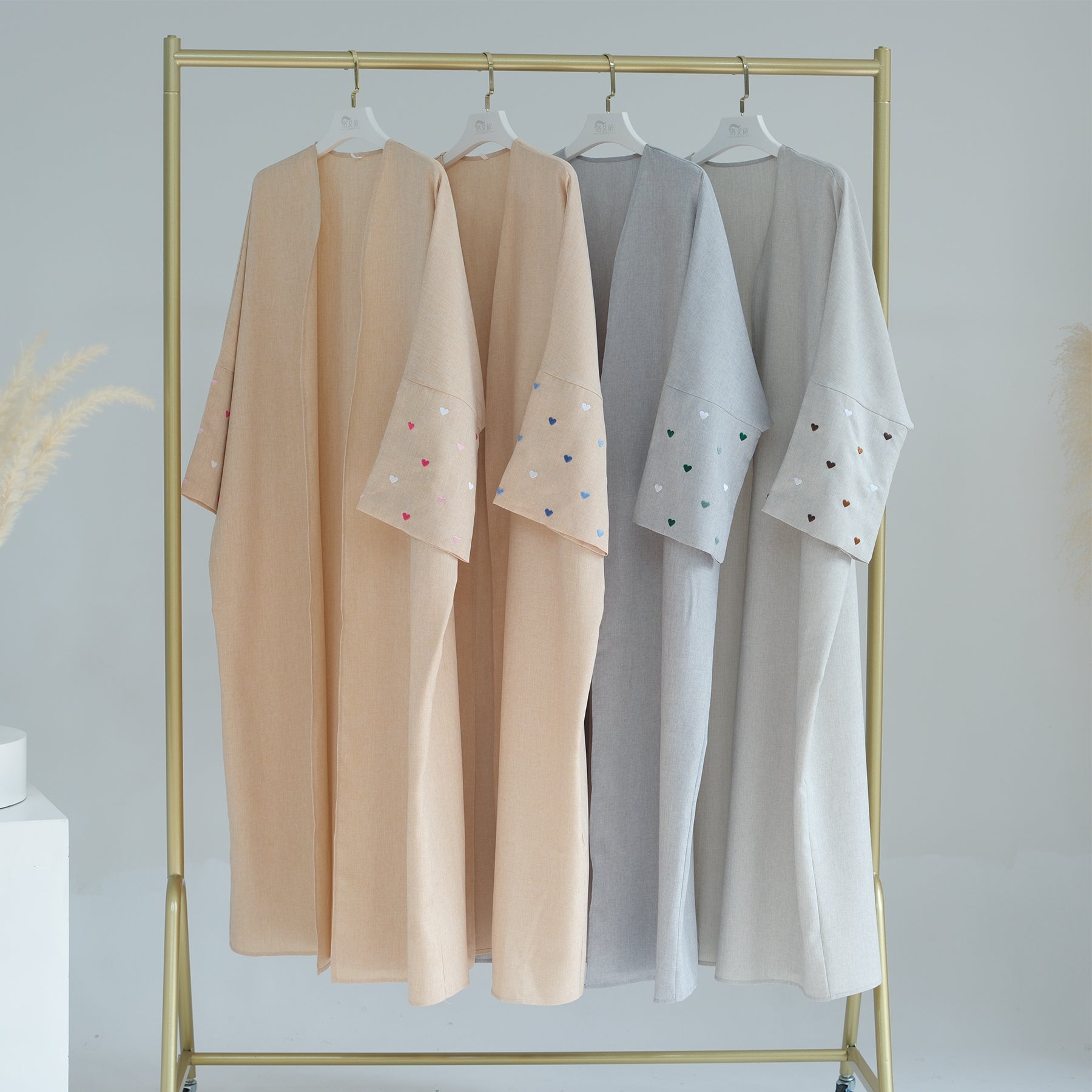 LR712 EID Heart Pattern Embroidery Linen Open Abaya Dubai New Fashion Islamic Clothing Women Muslim Dress - Meliza