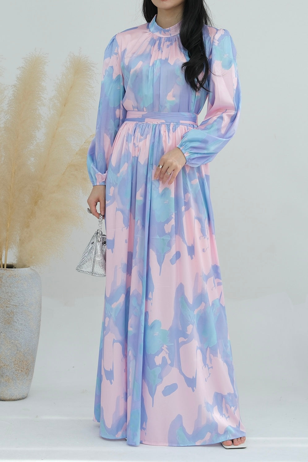Nafisa Tie-Dye Lantern Sleeve Maxi Dress Abaya with High Collar and Belt 720 - Meliza
