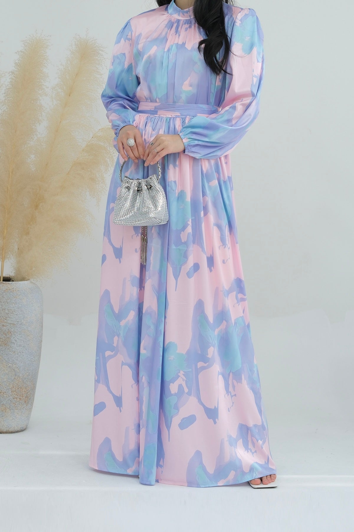 Nafisa Tie-Dye Lantern Sleeve Maxi Dress Abaya with High Collar and Belt 720 - Meliza
