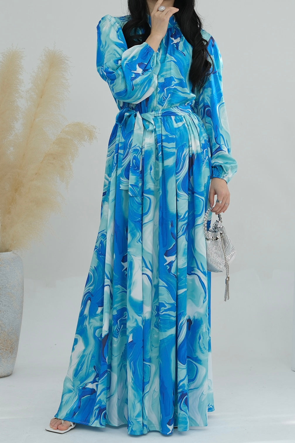Halima Tie-Dye Lantern Sleeve Maxi Dress Abaya with High Collar and Belt 723 - Meliza