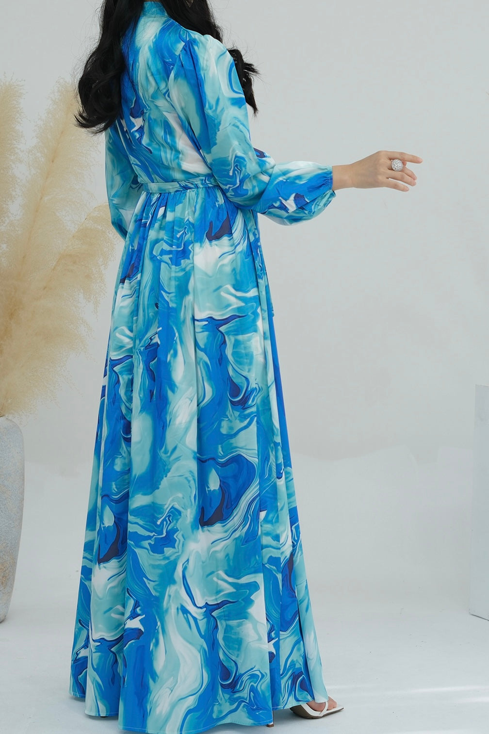 Halima Tie-Dye Lantern Sleeve Maxi Dress Abaya with High Collar and Belt 723 - Meliza