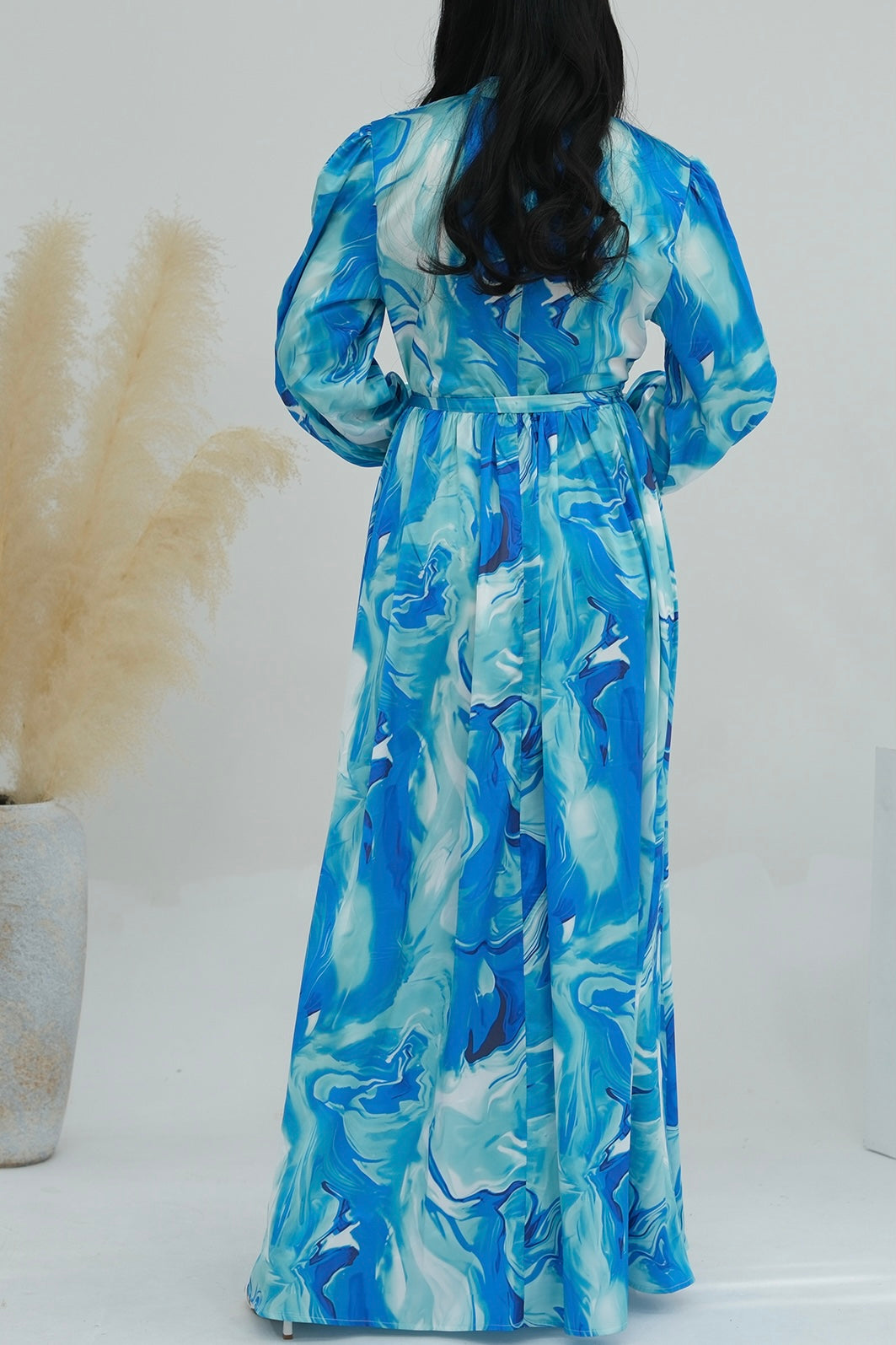 Halima Tie-Dye Lantern Sleeve Maxi Dress Abaya with High Collar and Belt 723 - Meliza