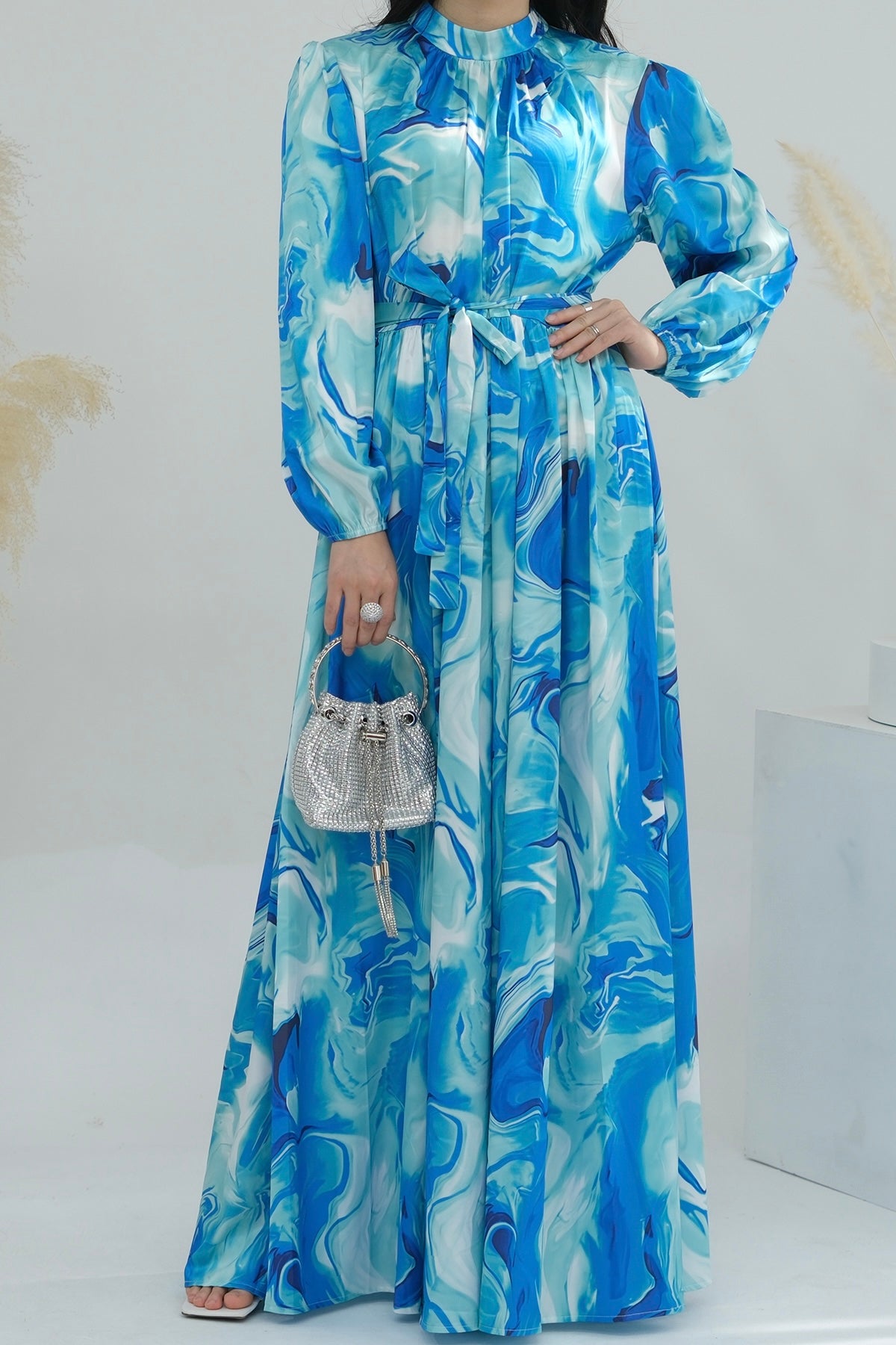 Halima Tie-Dye Lantern Sleeve Maxi Dress Abaya with High Collar and Belt 723 - Meliza
