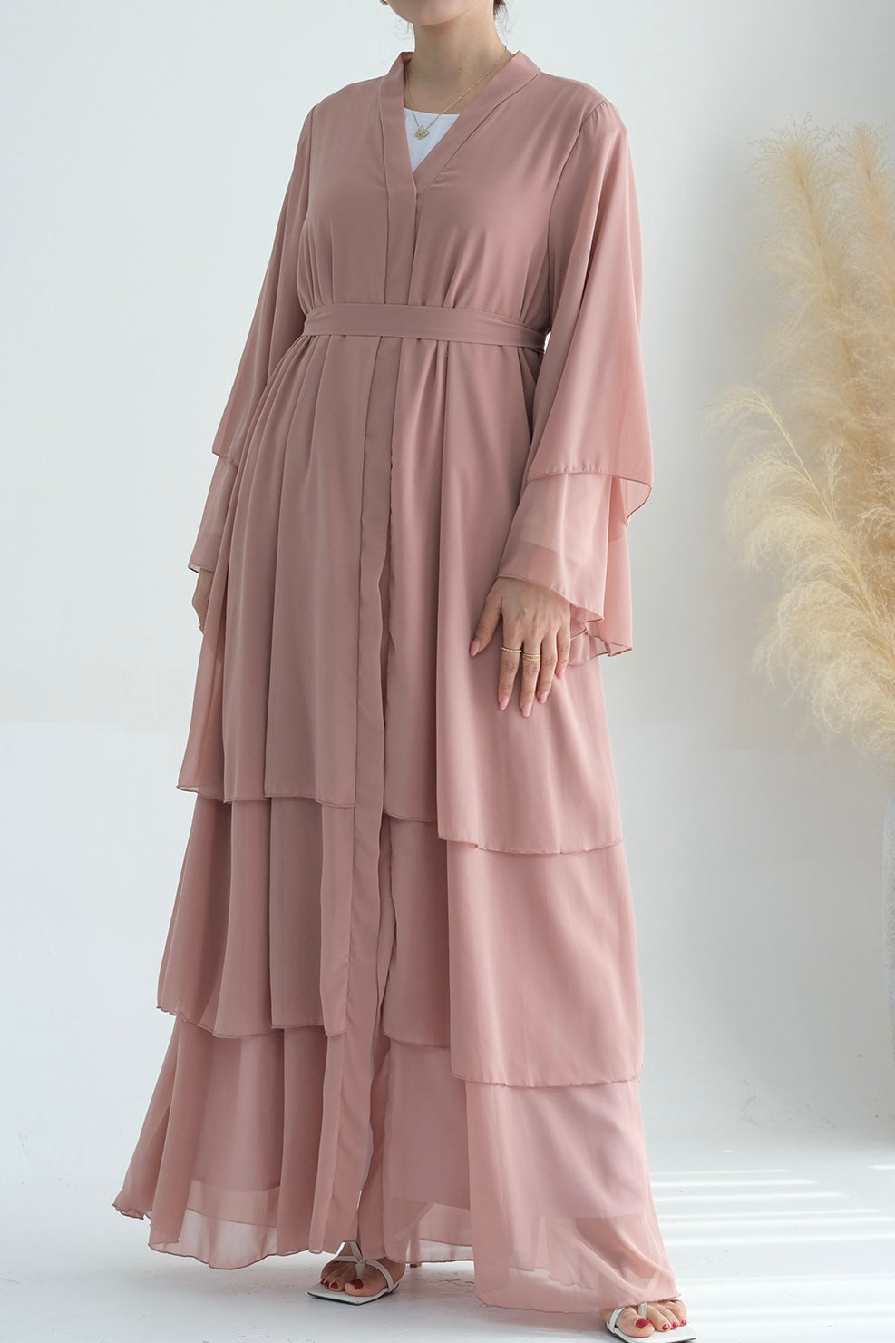Shiza Chiffon Three Tiered Open Abaya with belt 750 - Pink - Meliza