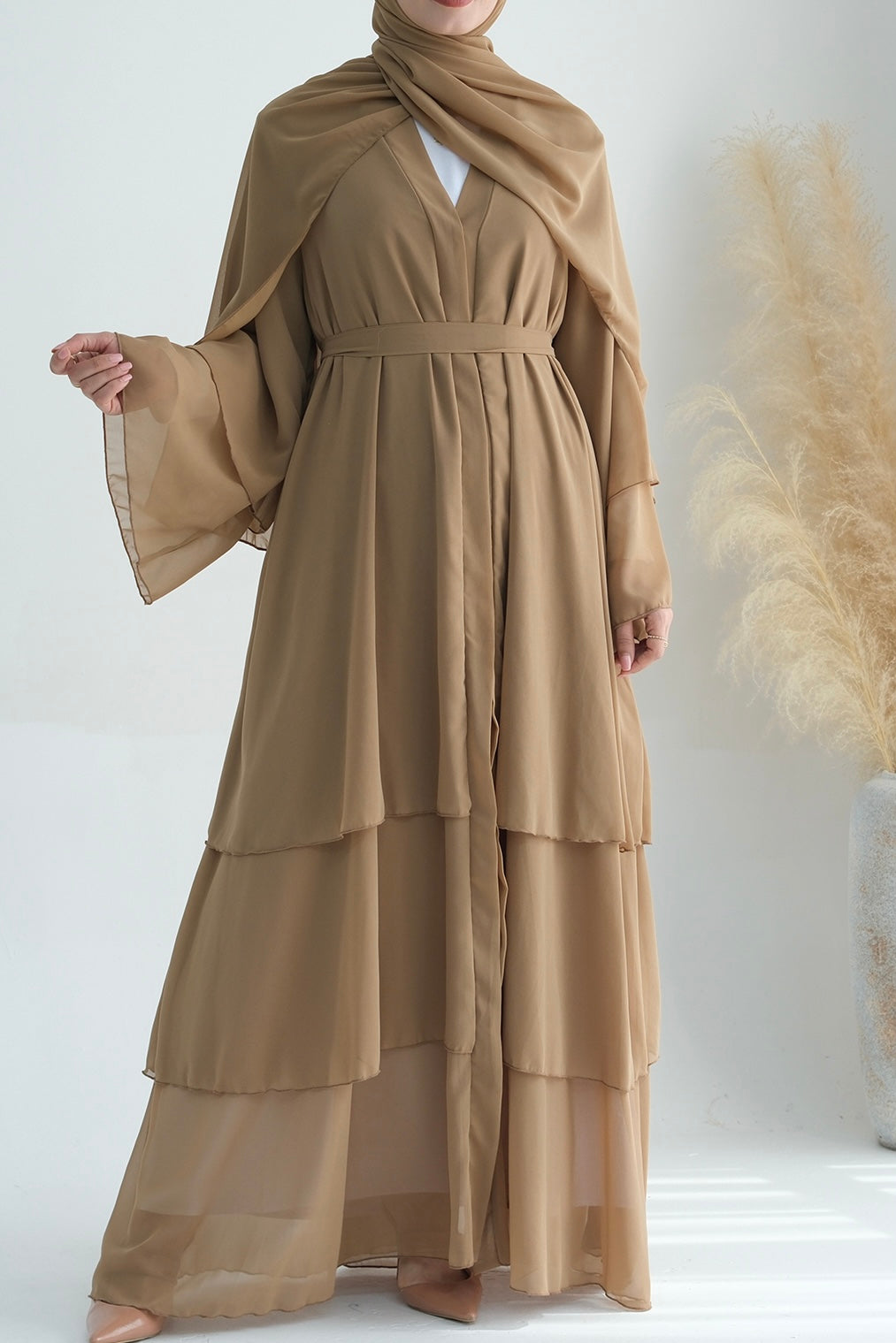 Shiza Chiffon Three Tiered Open Abaya with belt 750 - Khaki - Meliza