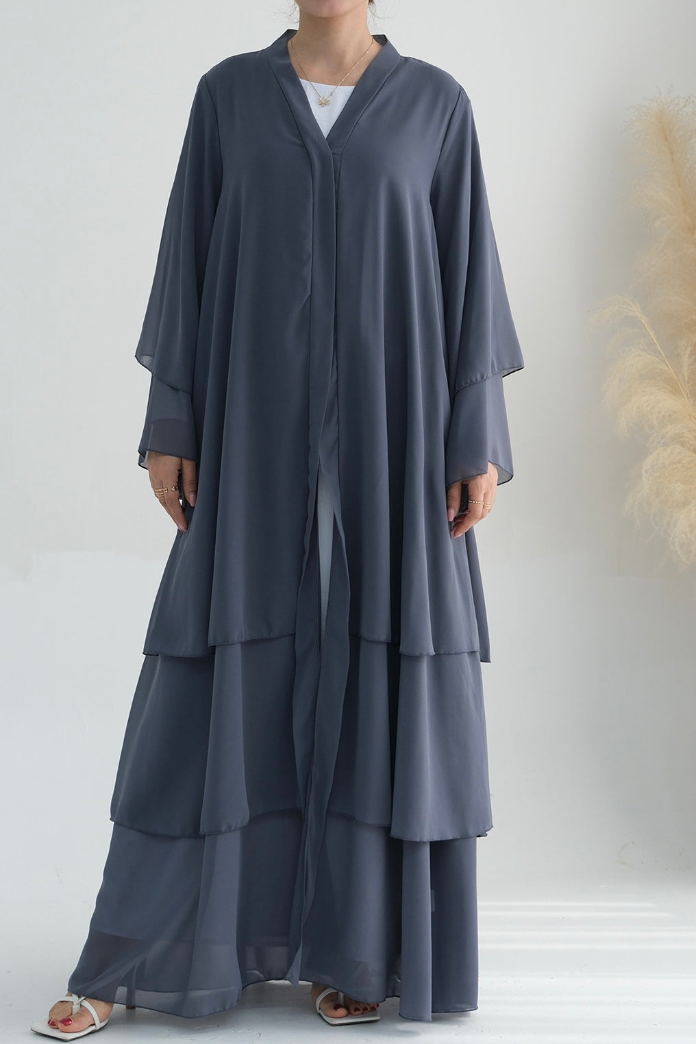 Shiza Chiffon Three Tiered Open Abaya With Belt 750 - Dark Gray - Meliza