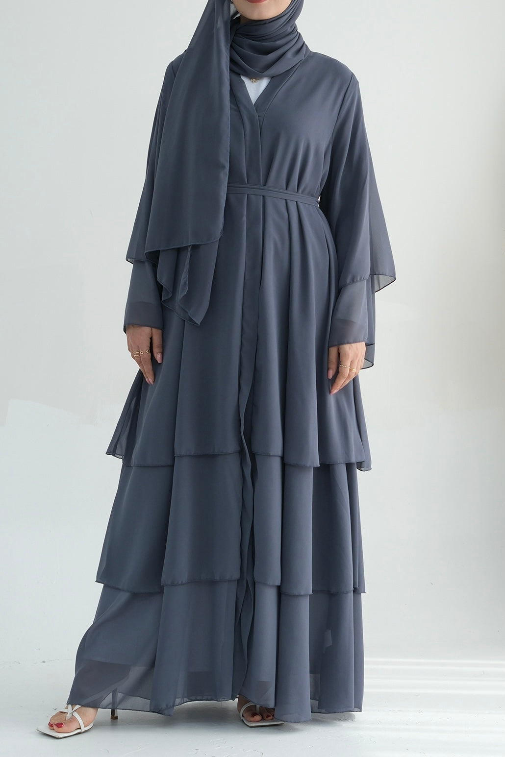 Shiza Chiffon Three Tiered Open Abaya With Belt 750 - Dark Gray - Meliza