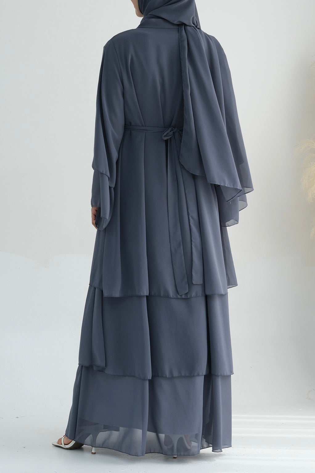 Shiza Chiffon Three Tiered Open Abaya With Belt 750 - Dark Gray - Meliza