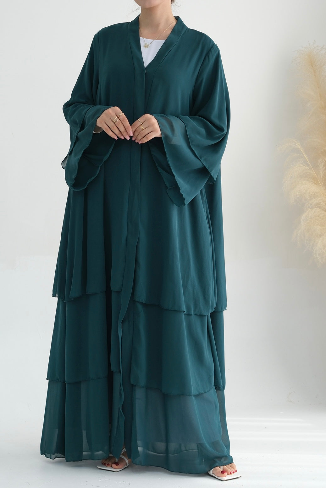 Shiza Chiffon Three-tiered Open Abaya with belt 750 - Dark Green - Meliza