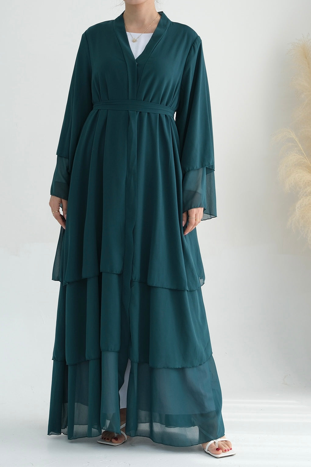 Shiza Chiffon Three-tiered Open Abaya with belt 750 - Dark Green - Meliza