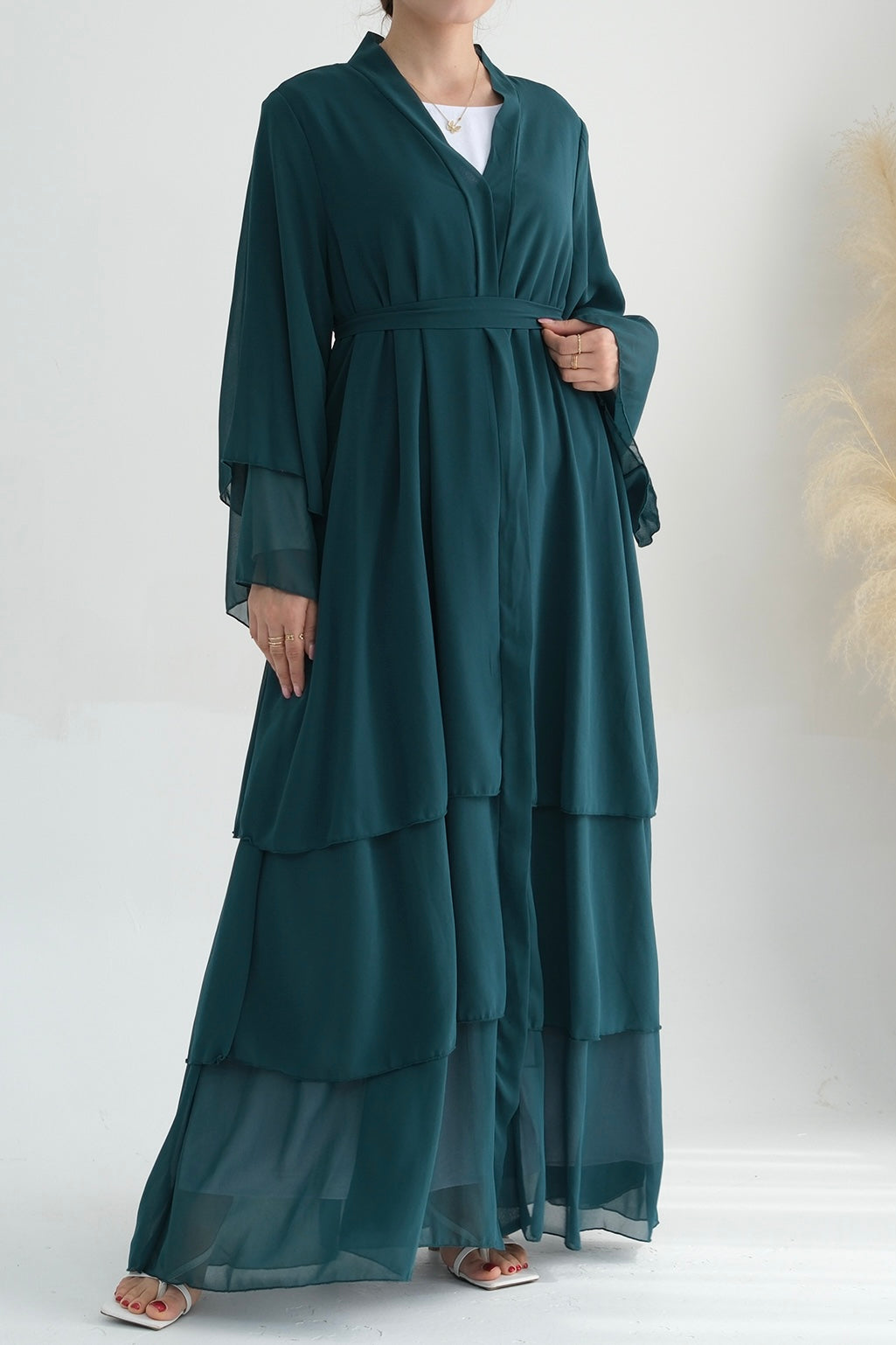 Shiza Chiffon Three-tiered Open Abaya with belt 750 - Dark Green - Meliza