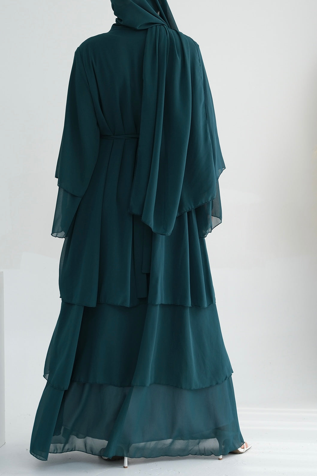 Shiza Chiffon Three-tiered Open Abaya with belt 750 - Dark Green - Meliza