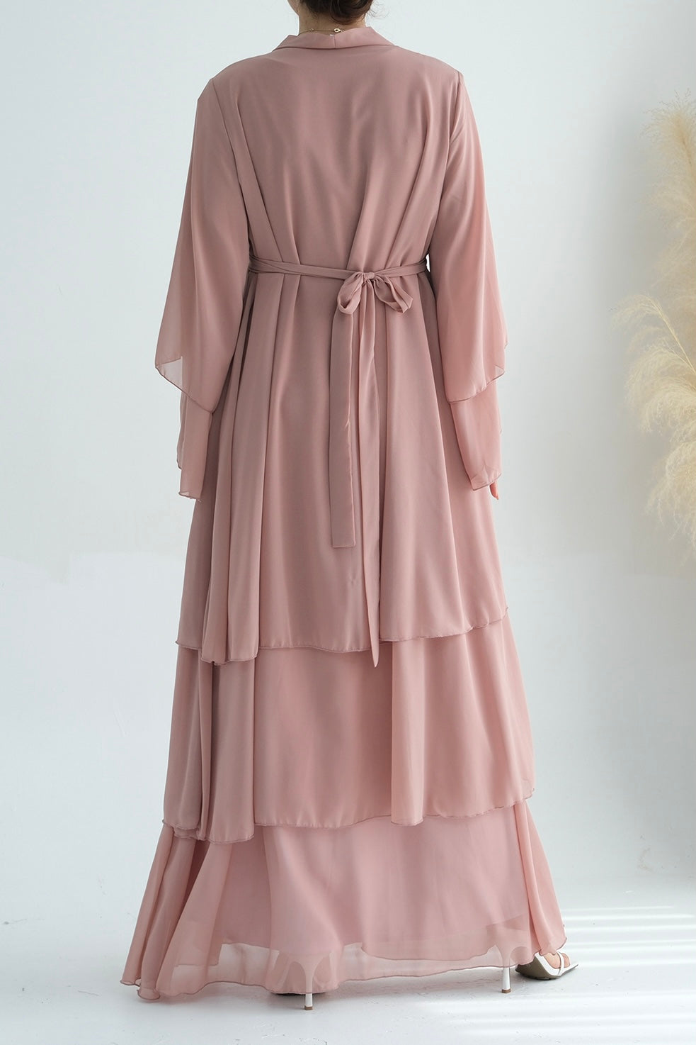 Shiza Chiffon Three Tiered Open Abaya with belt 750 - Pink - Meliza