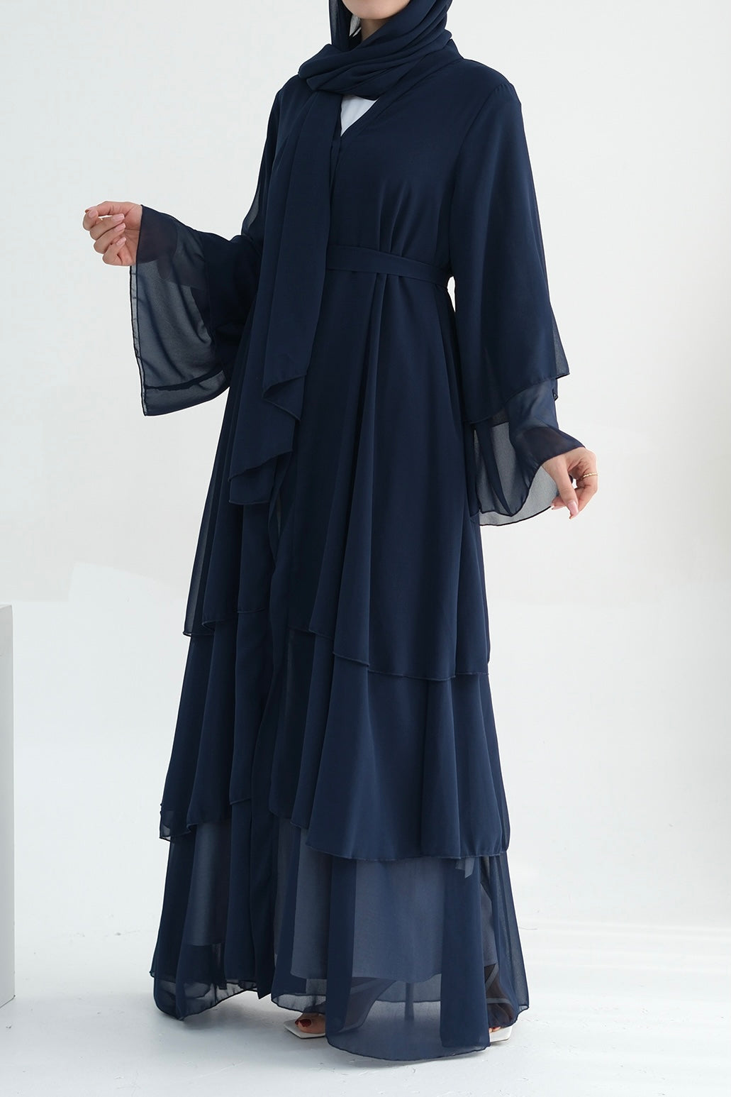 Shiza Chiffon Three-tiered Open abaya with belt 750 - Dark Blue - Meliza