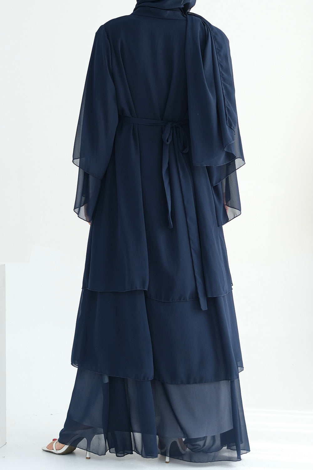 Shiza Chiffon Three-tiered Open abaya with belt 750 - Dark Blue - Meliza