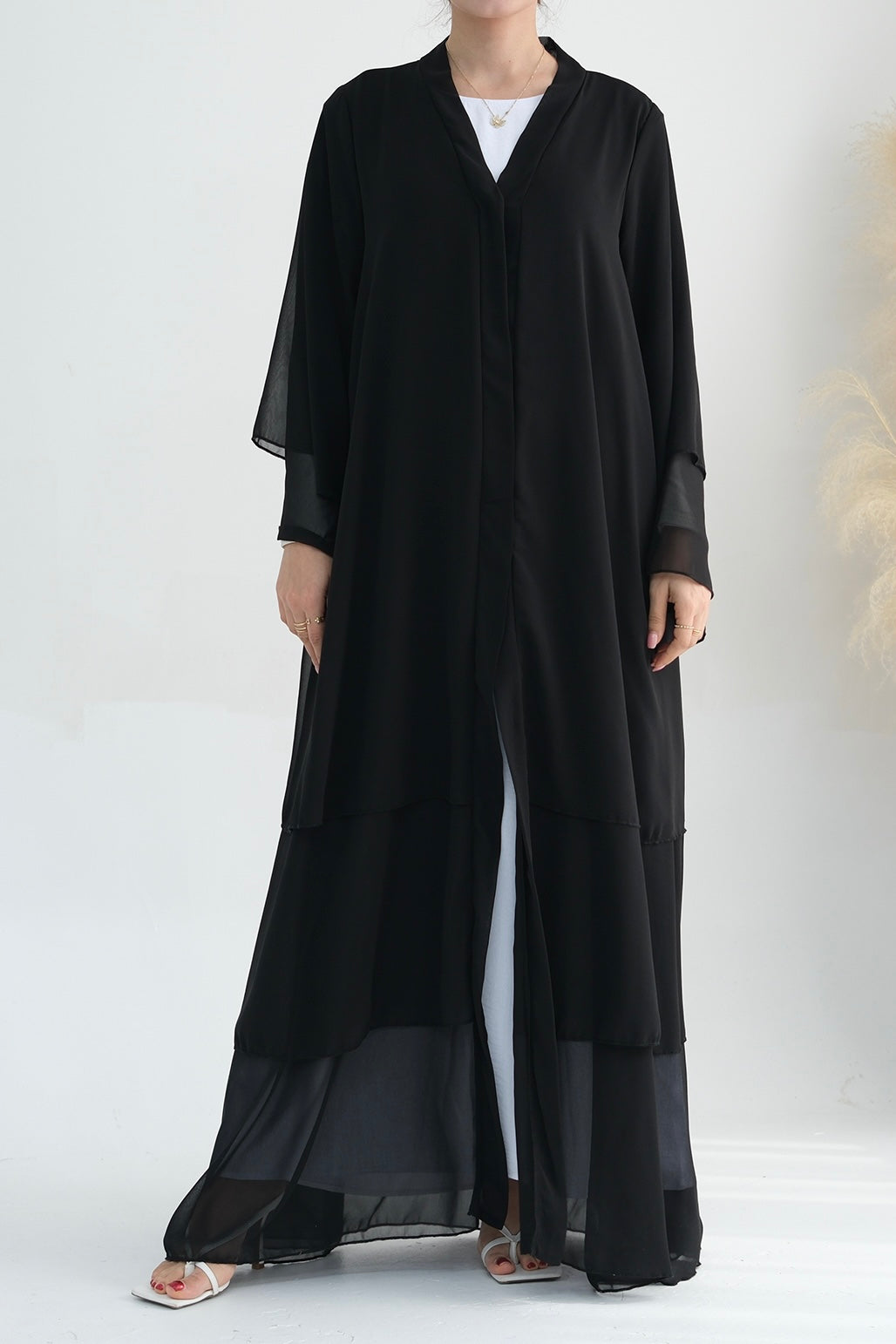 Shiza Chiffon Three-Tiered Open Abaya with belt 750 - Black - Meliza