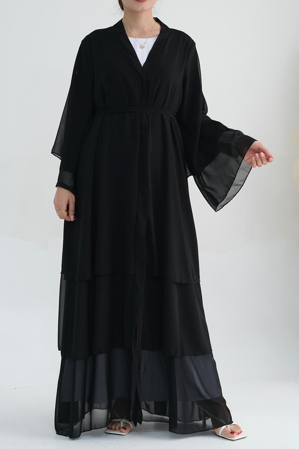 Shiza Chiffon Three-Tiered Open Abaya with belt 750 - Black - Meliza