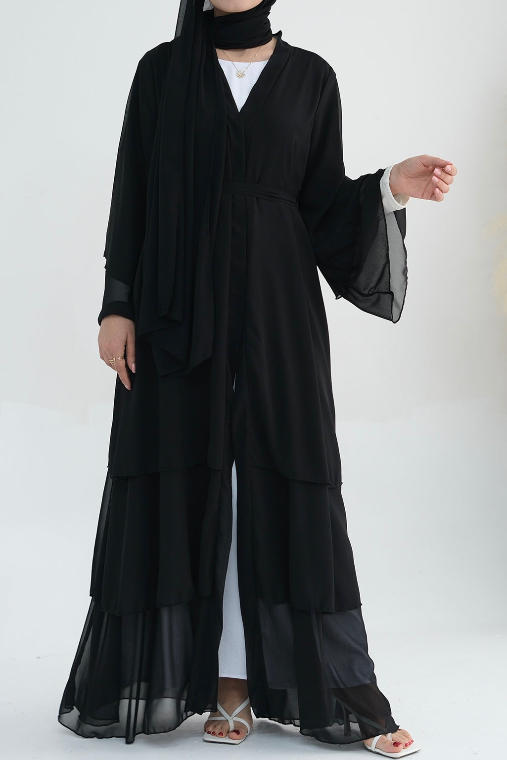 Shiza Chiffon Three-Tiered Open Abaya with belt 750 - Black - Meliza