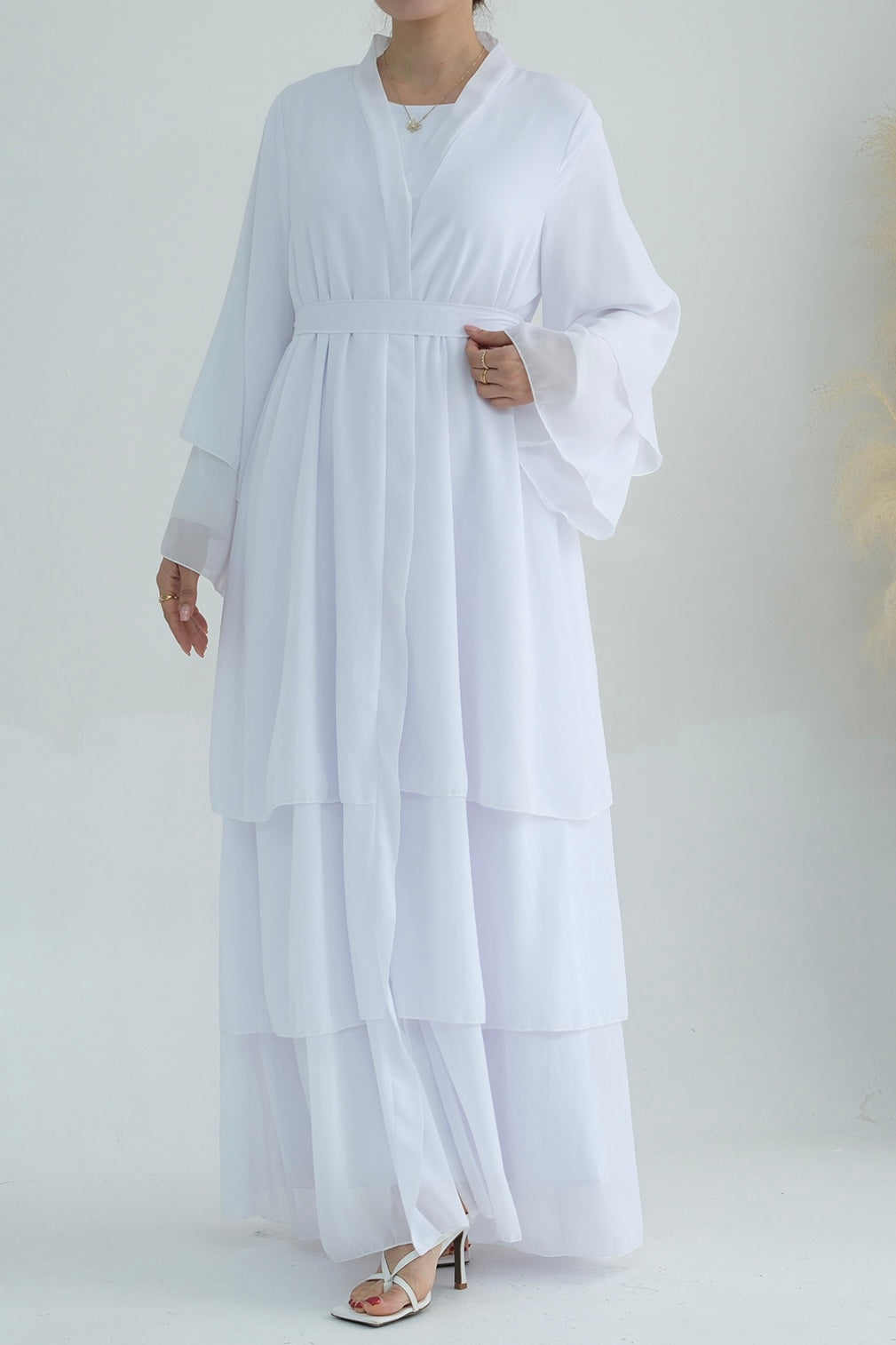 Shiza Chiffon Thre Tiered Open Abaya With Belt 750 - White - Meliza