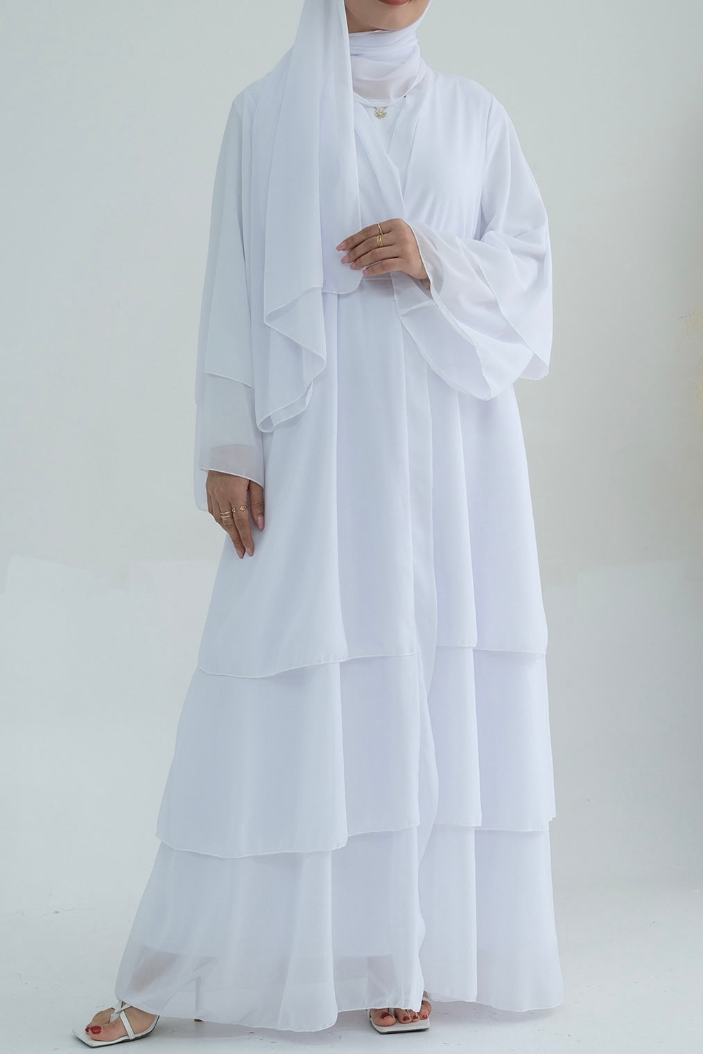 Shiza Chiffon Thre Tiered Open Abaya With Belt 750 - White - Meliza