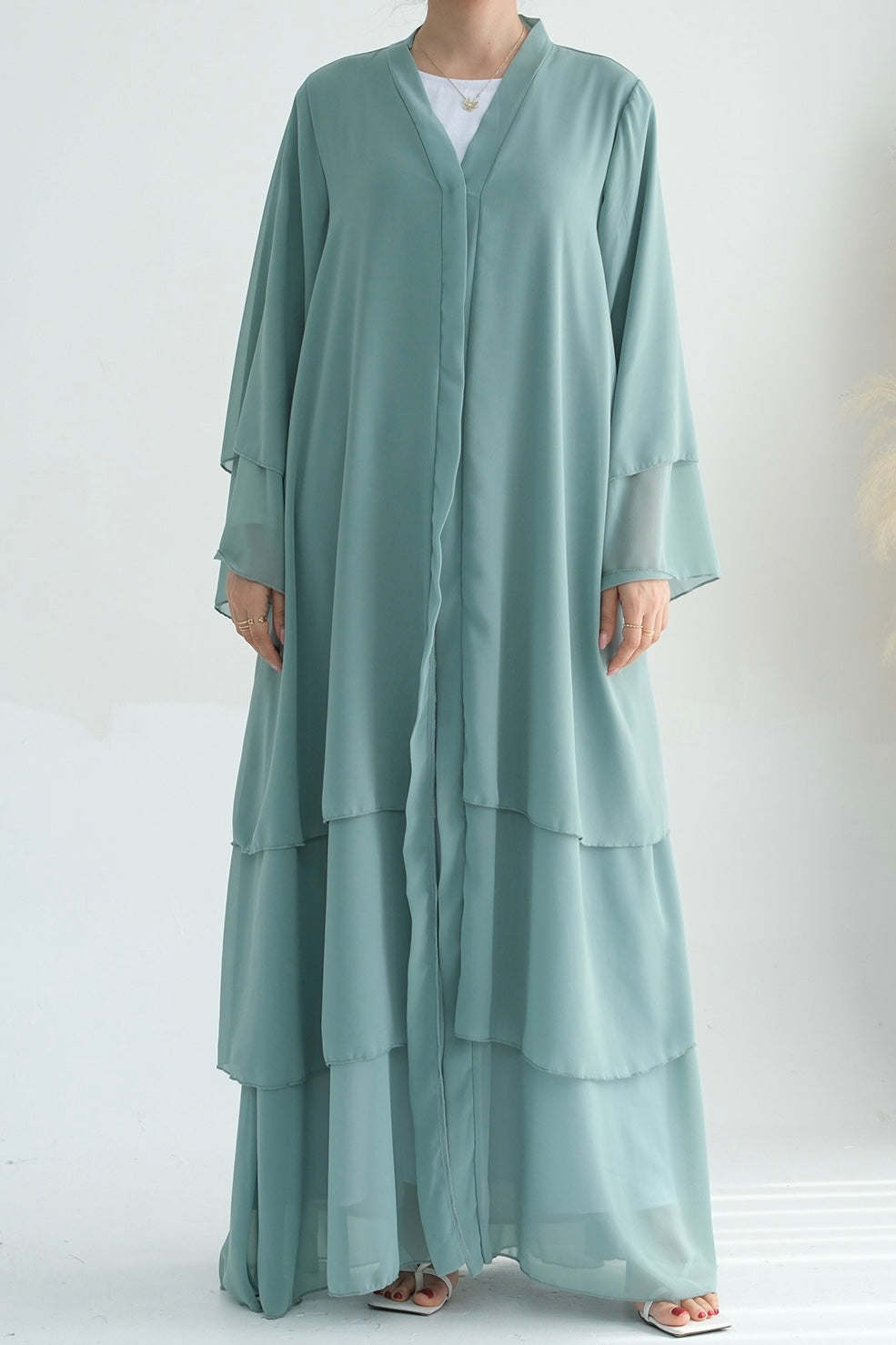 Shiza Chiffon Three Tiered Open Abaya with belt 750 - Light Green - Meliza