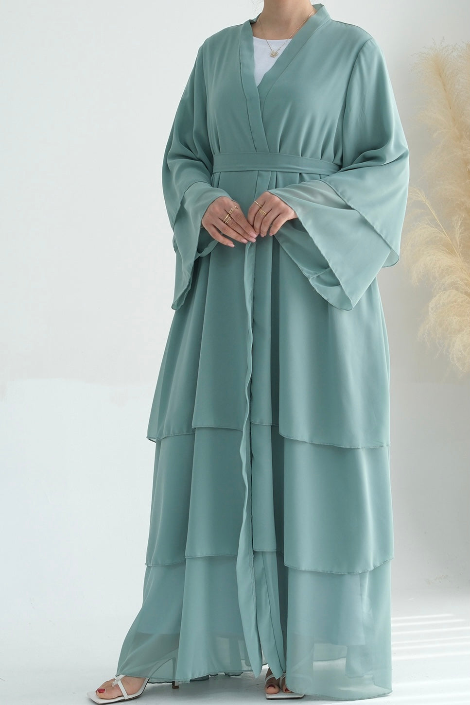 Shiza Chiffon Three Tiered Open Abaya with belt 750 - Light Green - Meliza