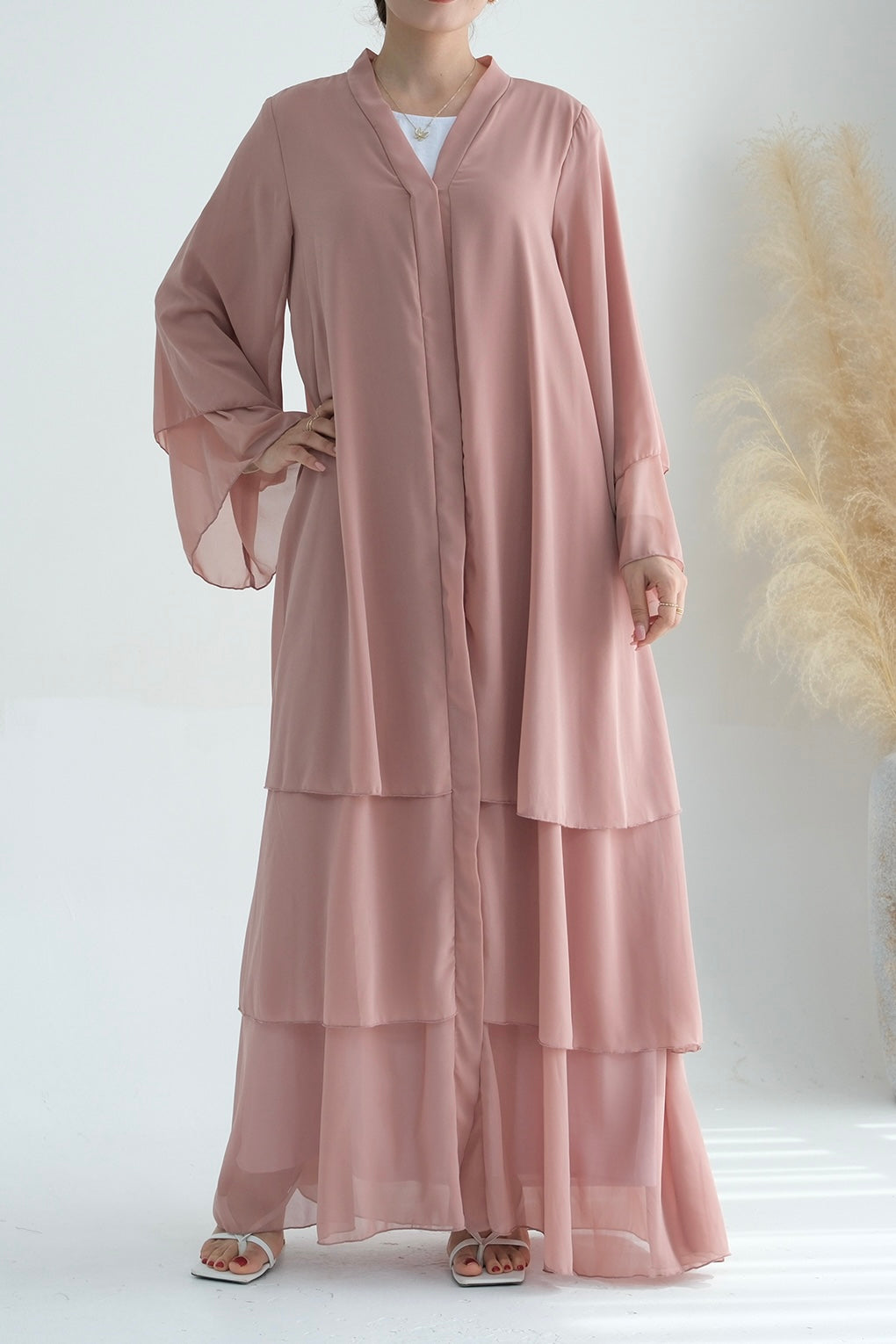Shiza Chiffon Three Tiered Open Abaya with belt 750 - Pink - Meliza