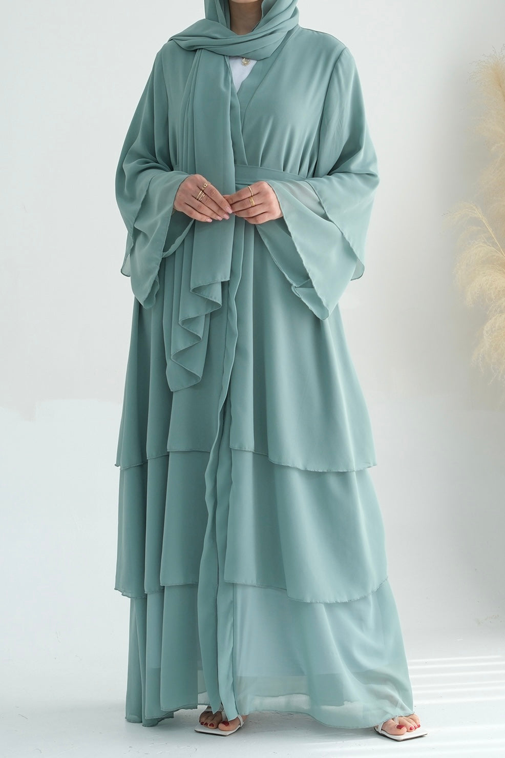 Shiza Chiffon Three Tiered Open Abaya with belt 750 - Light Green - Meliza