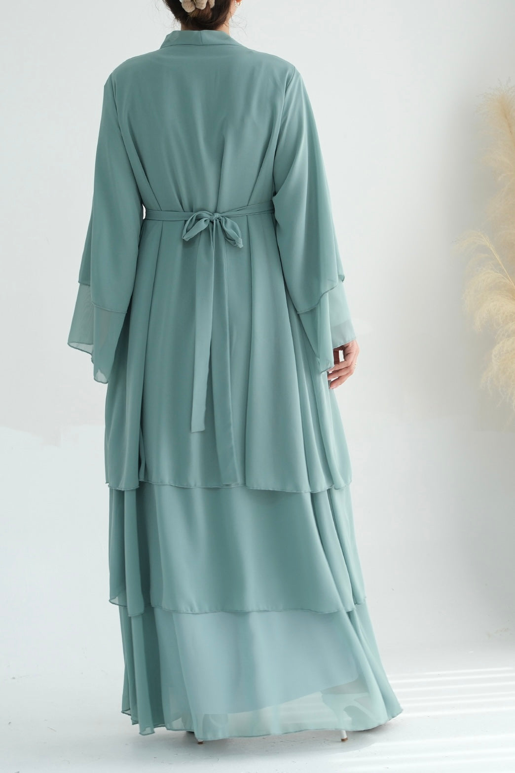 Shiza Chiffon Three Tiered Open Abaya with belt 750 - Light Green - Meliza
