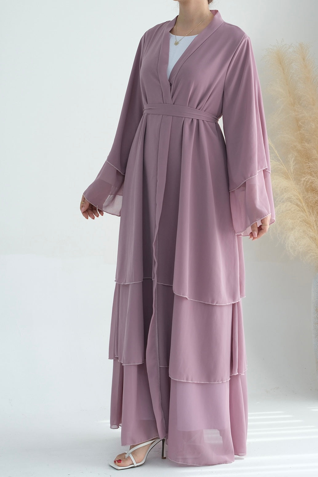 Shiza Chiffon Three Tiered Open abaya with belt 750 - Light Purple - Meliza