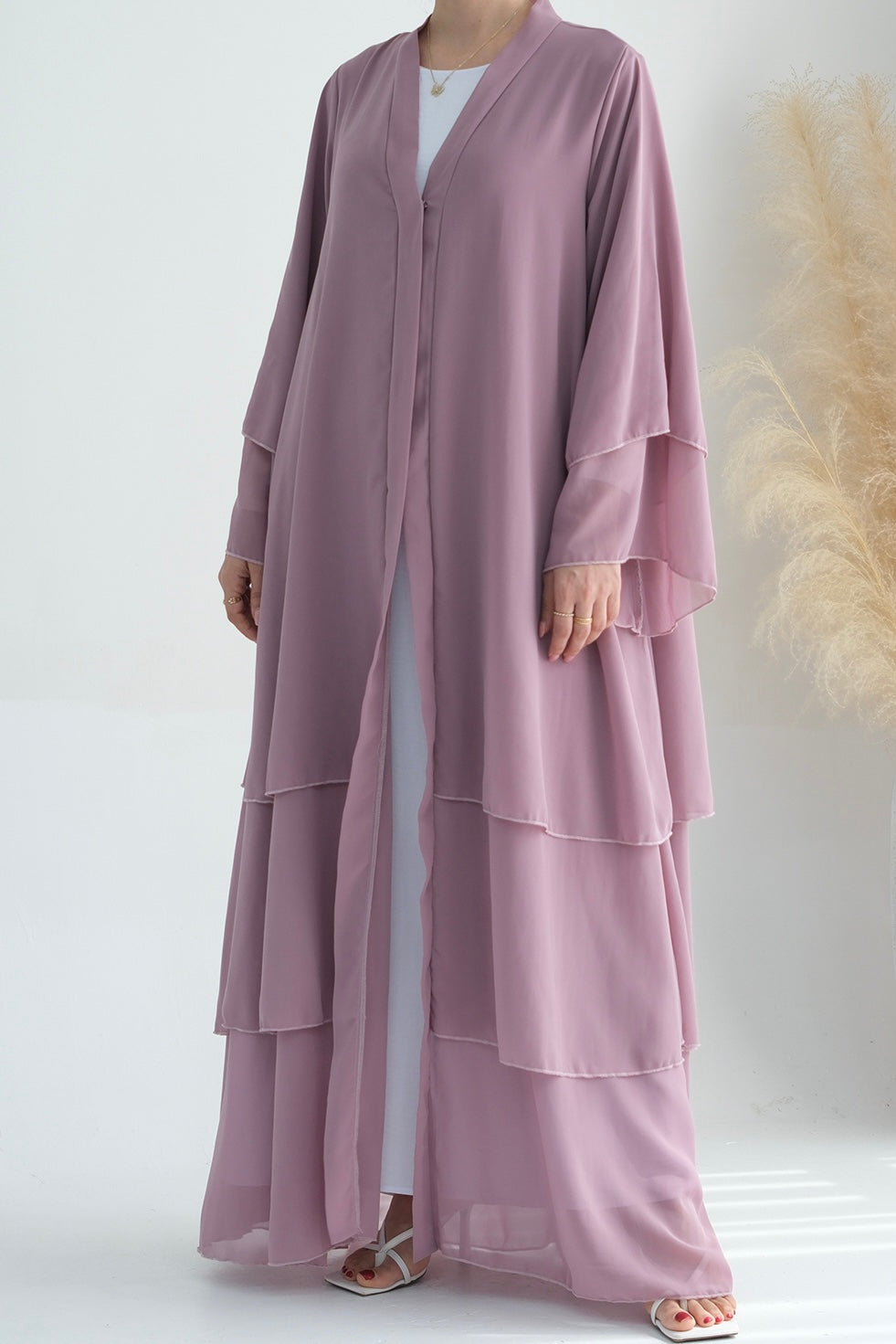 Shiza Chiffon Three Tiered Open abaya with belt 750 - Light Purple - Meliza
