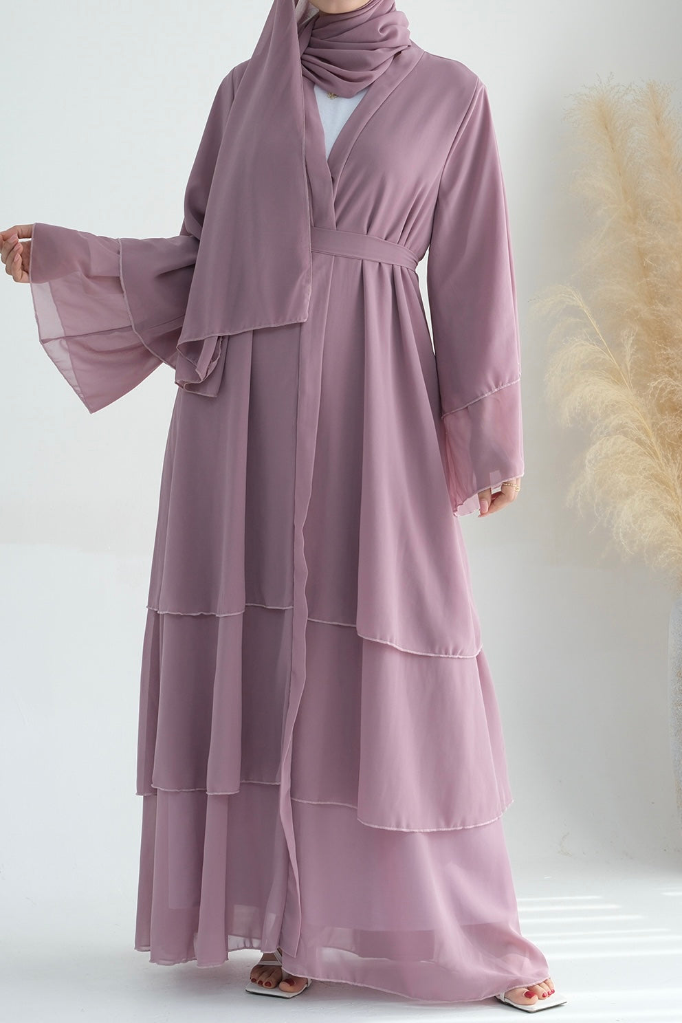 Shiza Chiffon Three Tiered Open abaya with belt 750 - Light Purple - Meliza