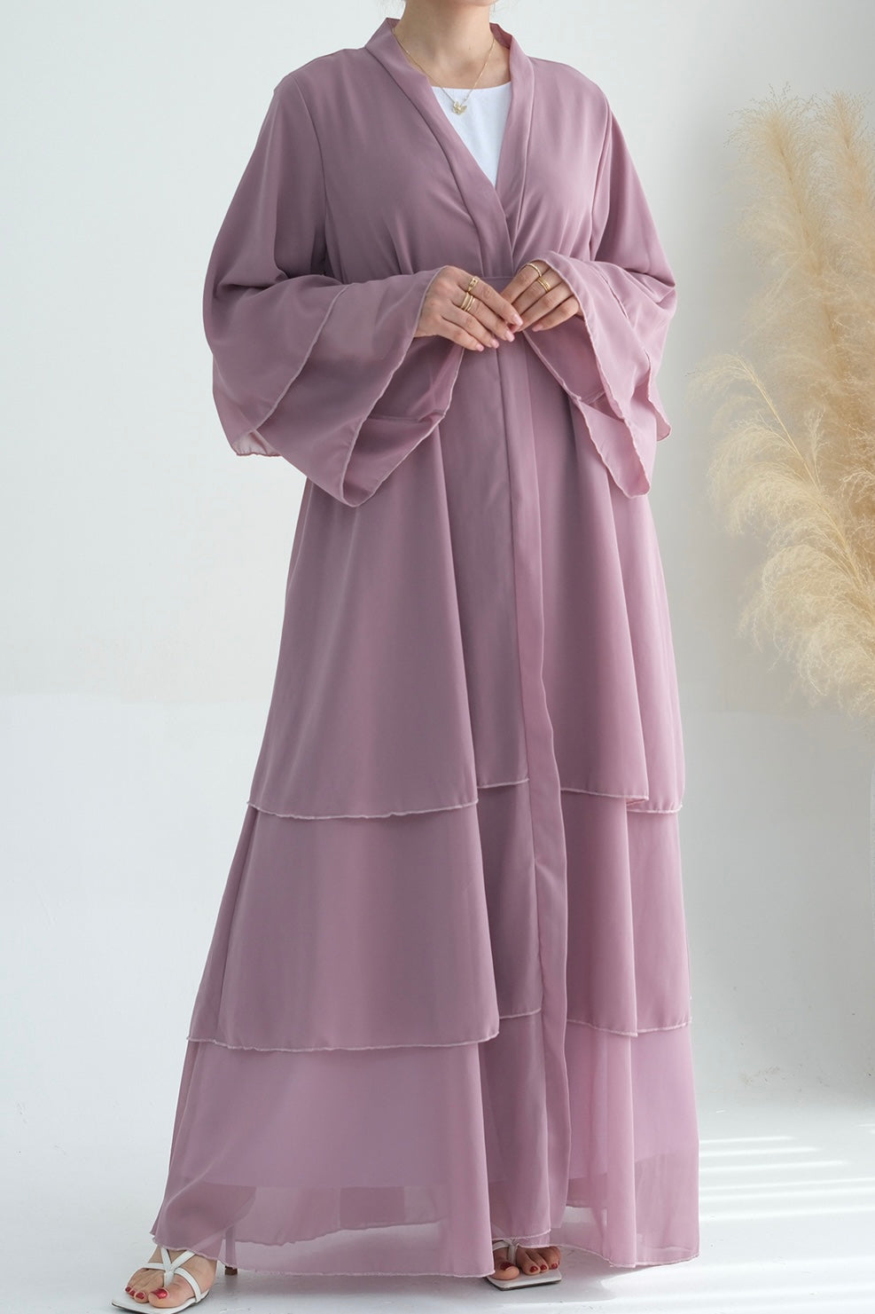 Shiza Chiffon Three Tiered Open abaya with belt 750 - Light Purple - Meliza