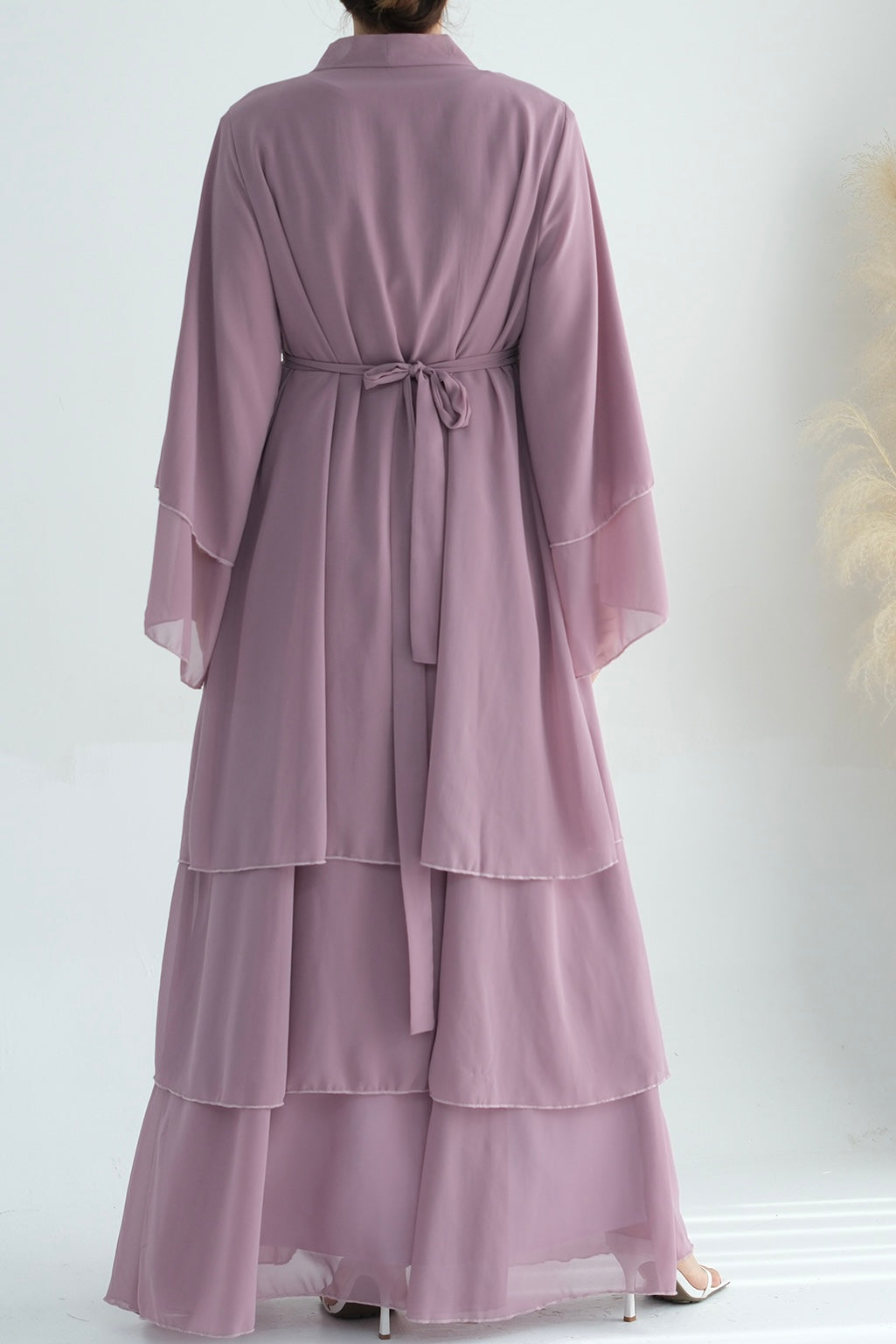 Shiza Chiffon Three Tiered Open abaya with belt 750 - Light Purple - Meliza