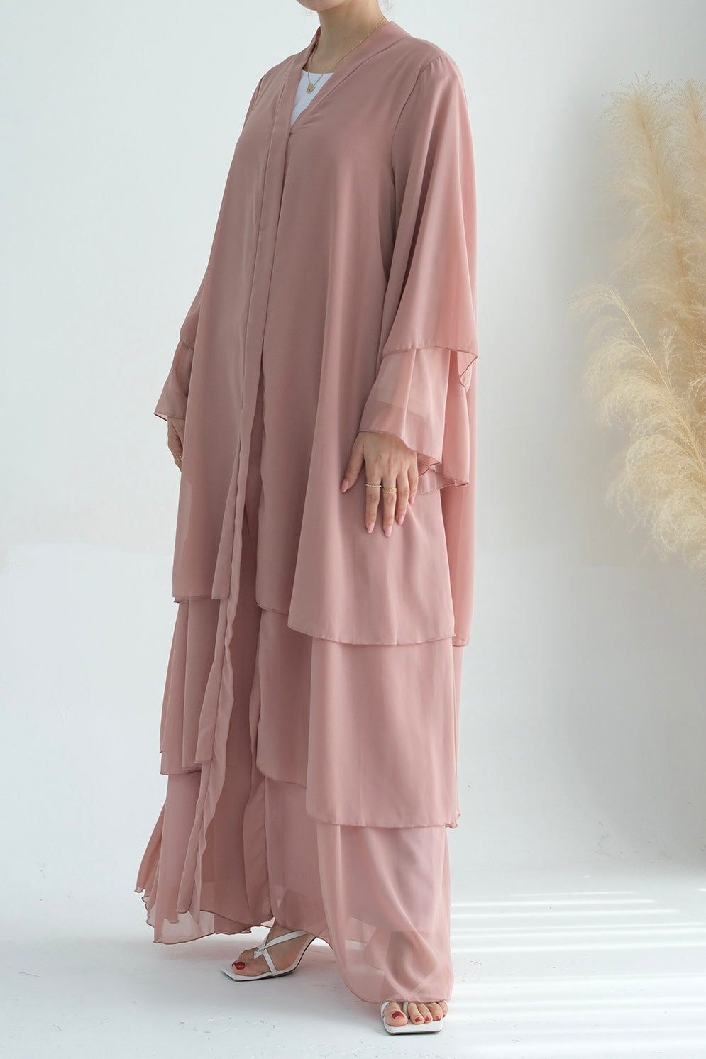 Shiza Chiffon Three Tiered Open Abaya with belt 750 - Pink - Meliza