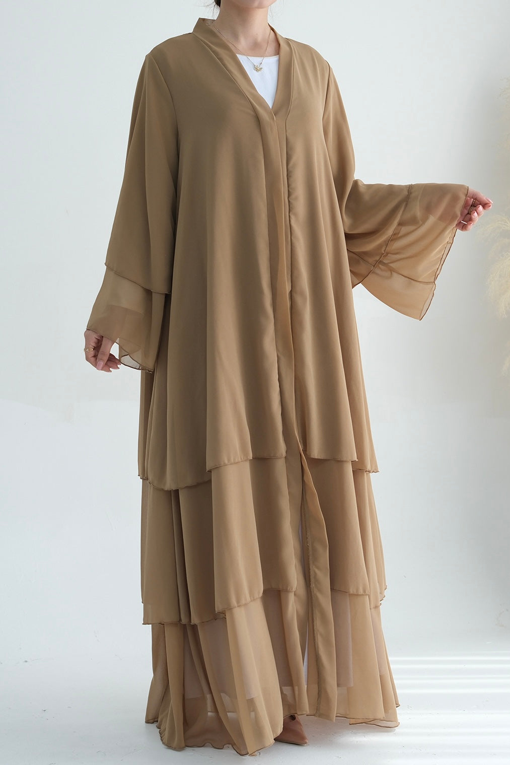Shiza Chiffon Three Tiered Open Abaya with belt 750 - Khaki - Meliza