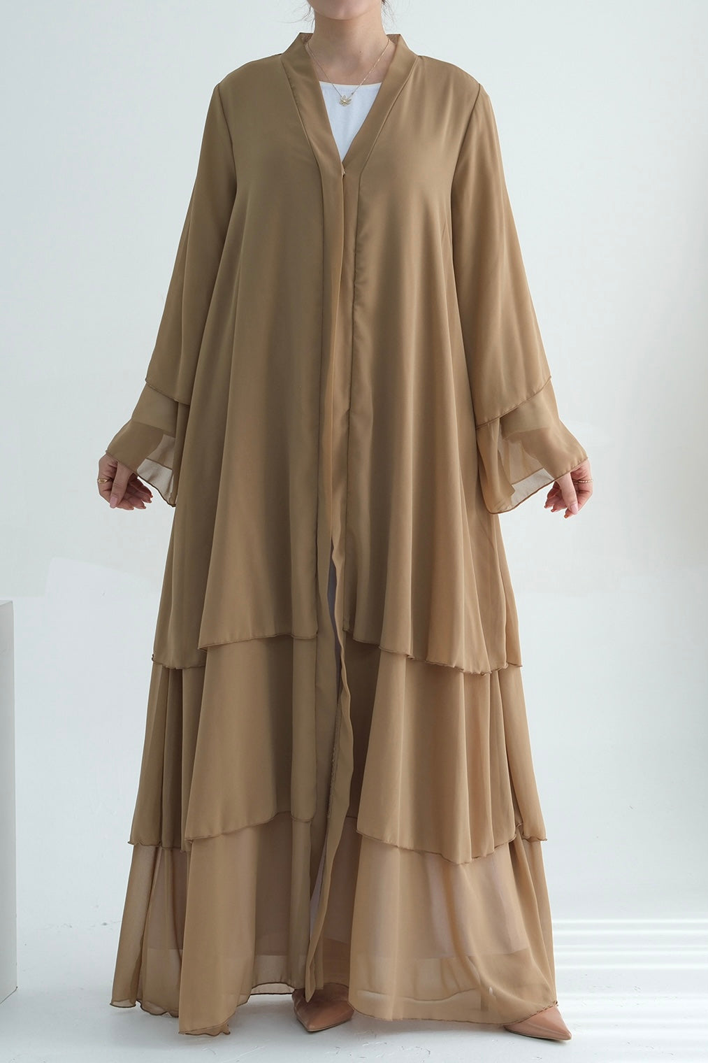 Shiza Chiffon Three Tiered Open Abaya with belt 750 - Khaki - Meliza