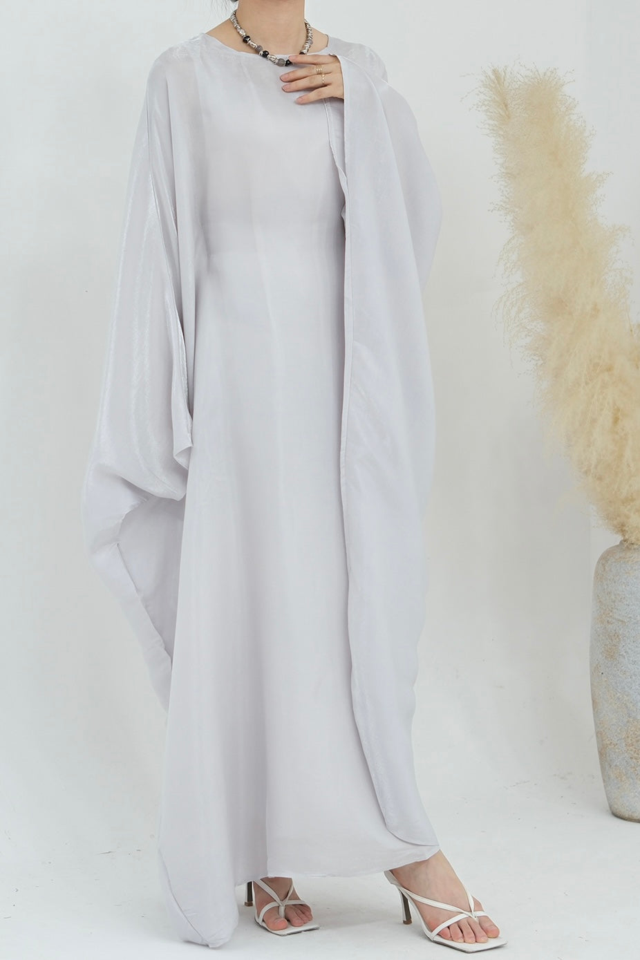 Anita Shiny Batwing Butterfly Sleeve Maxi Dress Kaftan Abaya 770-Light Gray - Meliza