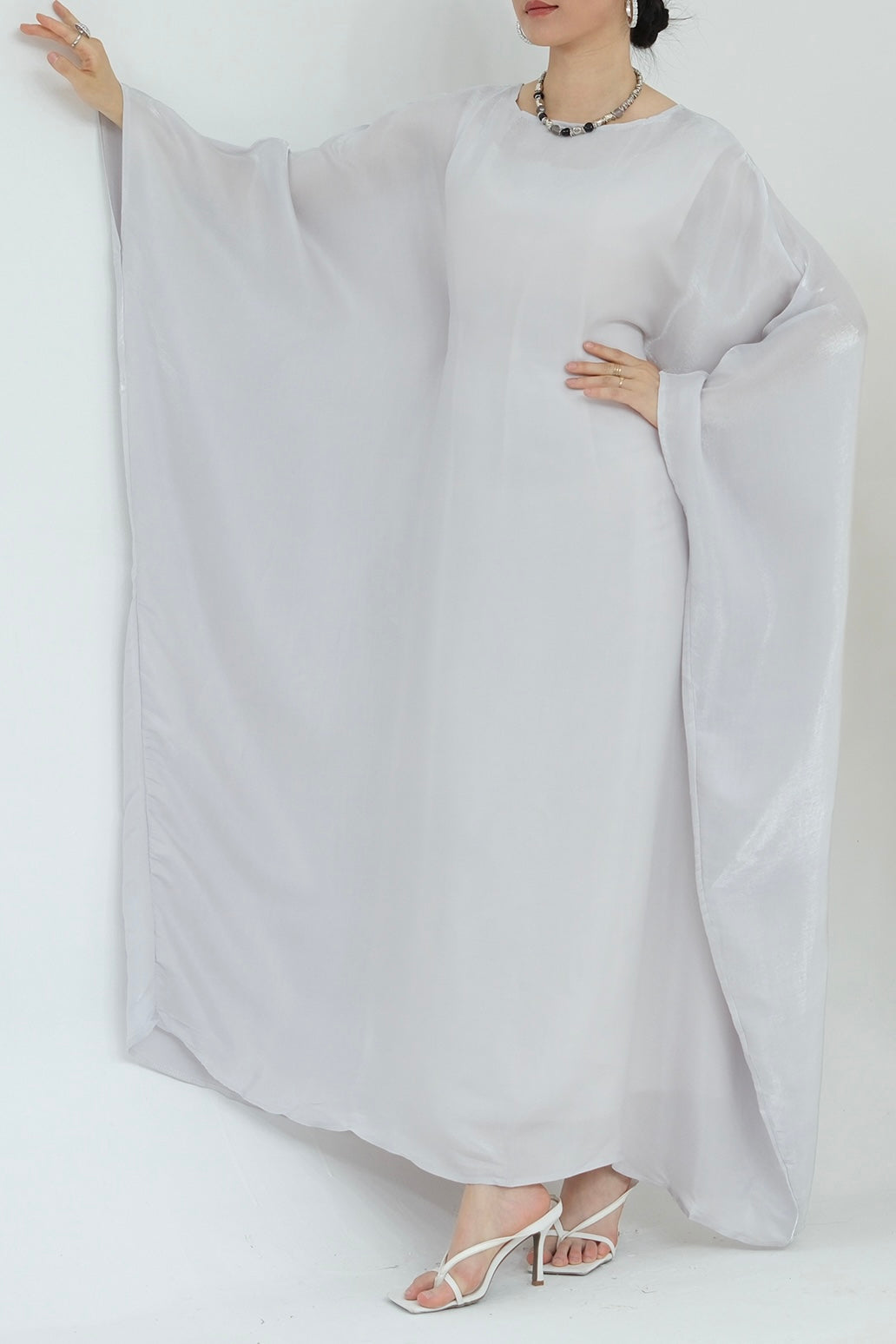 Anita Shiny Batwing Butterfly Sleeve Maxi Dress Kaftan Abaya 770-Light Gray - Meliza