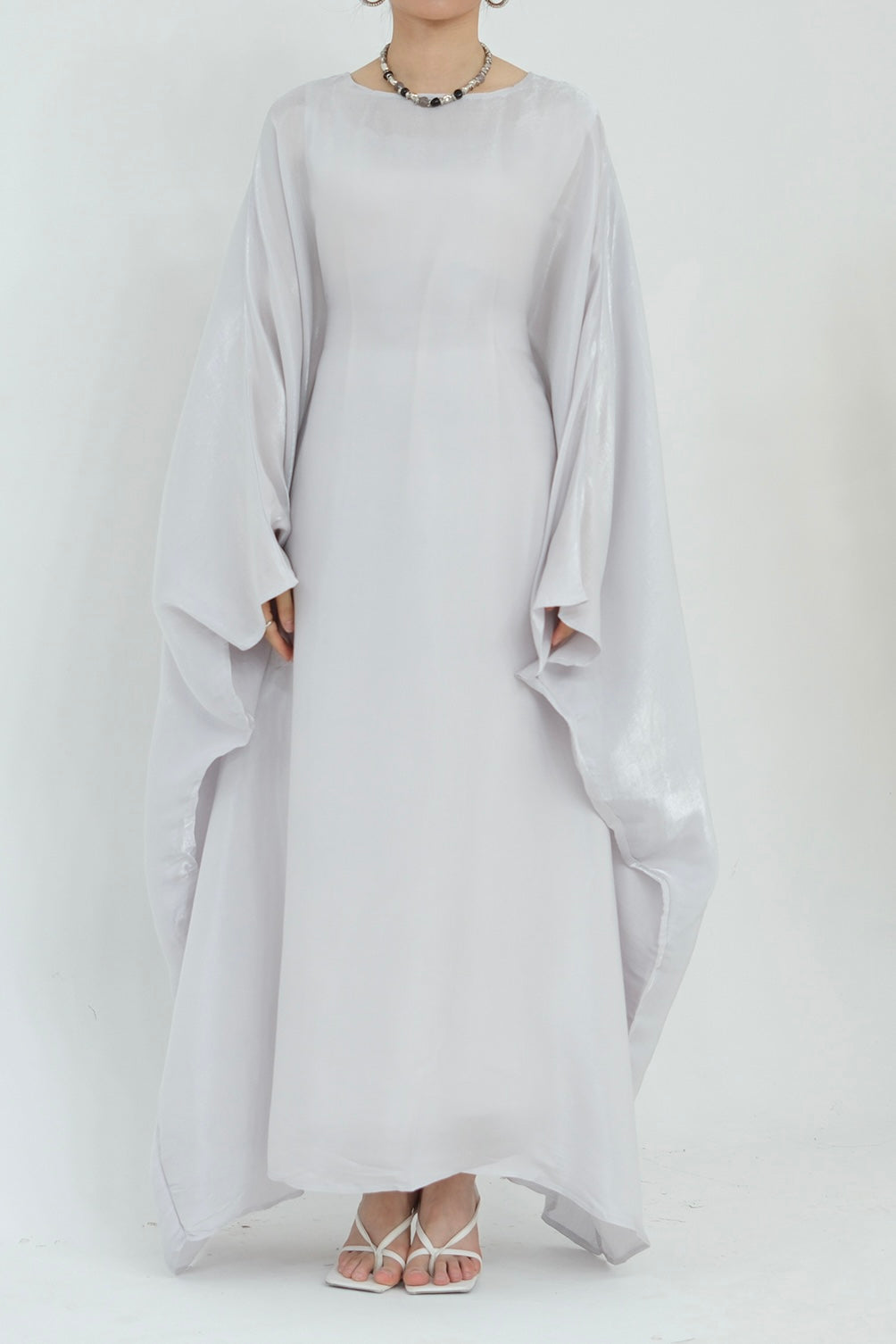 Anita Shiny Batwing Butterfly Sleeve Maxi Dress Kaftan Abaya 770-Light Gray - Meliza