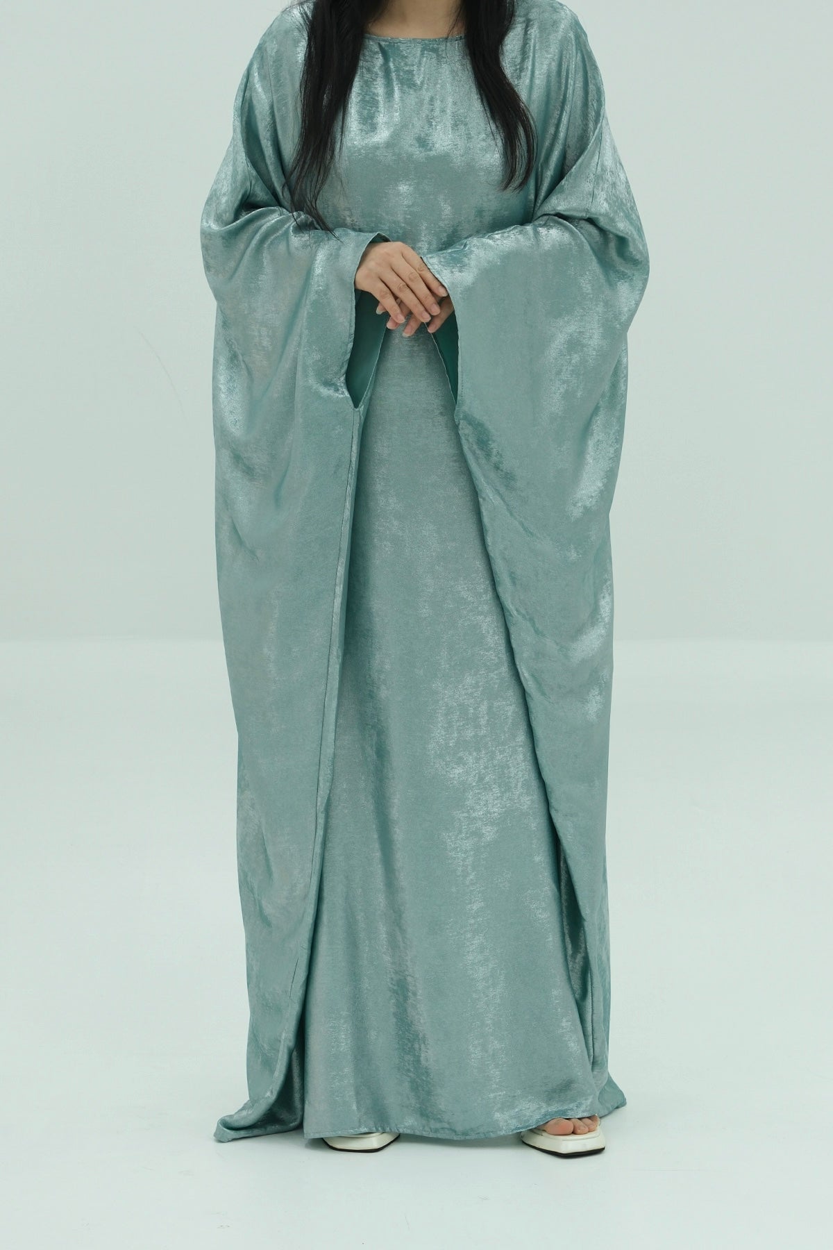 Kayla Shiny Metallic Shimmer Batwing Butterfly Sleeve Maxi Dress Kaftan Abaya 778 - Peacock Blue