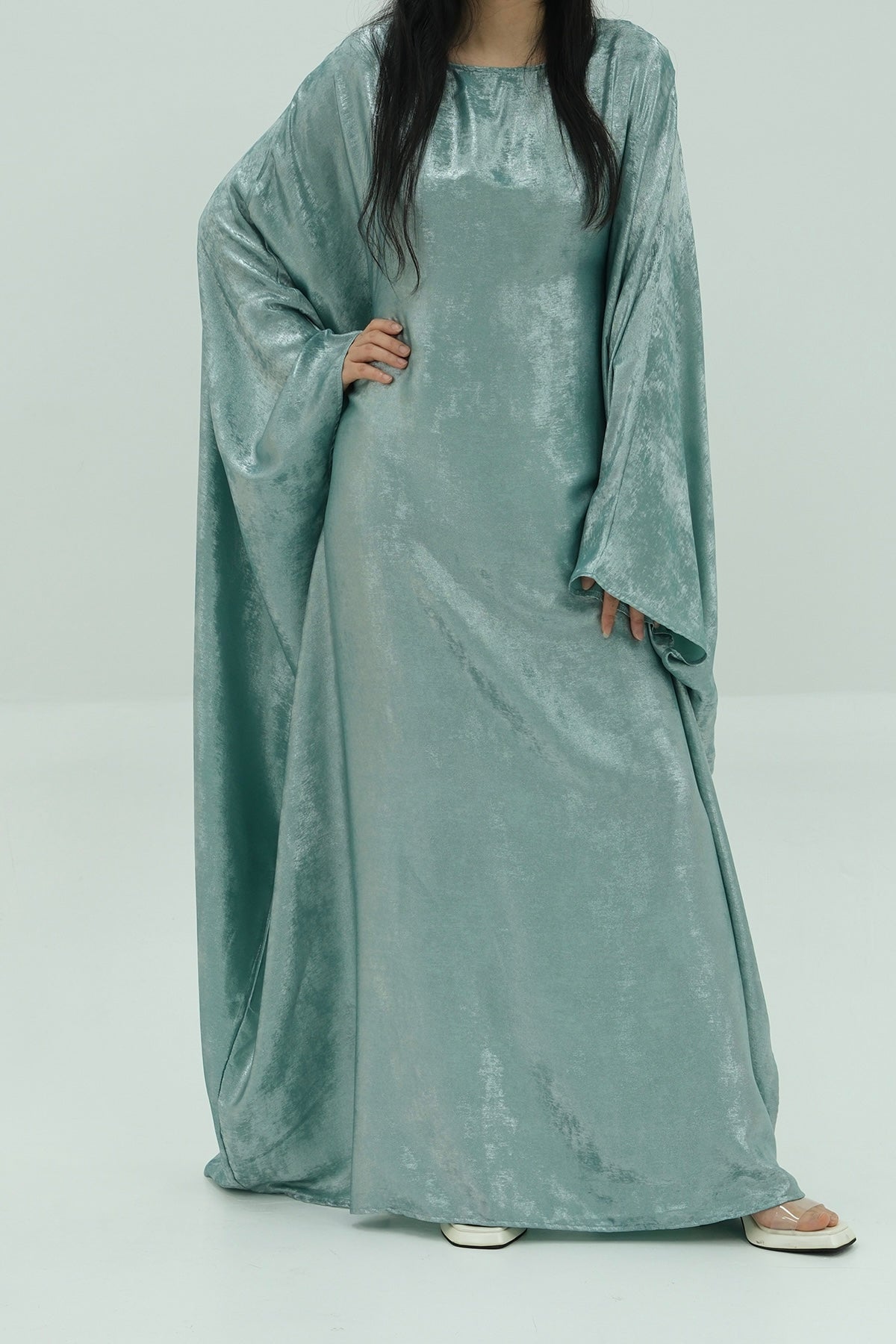 Kayla Shiny Metallic Shimmer Batwing Butterfly Sleeve Maxi Dress Kaftan Abaya 778 - Peacock Blue
