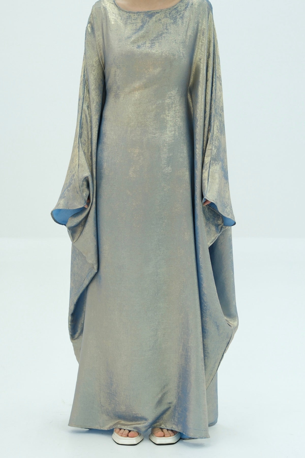 Kayla Shiny Metallic Shimmer Batwing Butterfly Sleeve Maxi Dress Kaftan Abaya 778-Golden Ocean, Golden Ocean / 2