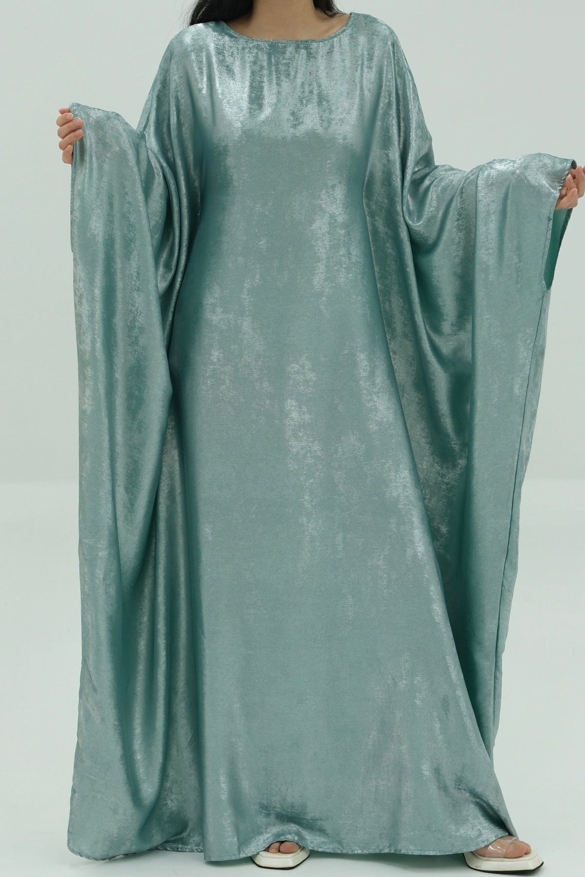 Kayla Shiny Metallic Shimmer Batwing Butterfly Sleeve Maxi Dress Kaftan Abaya 778 - Peacock Blue