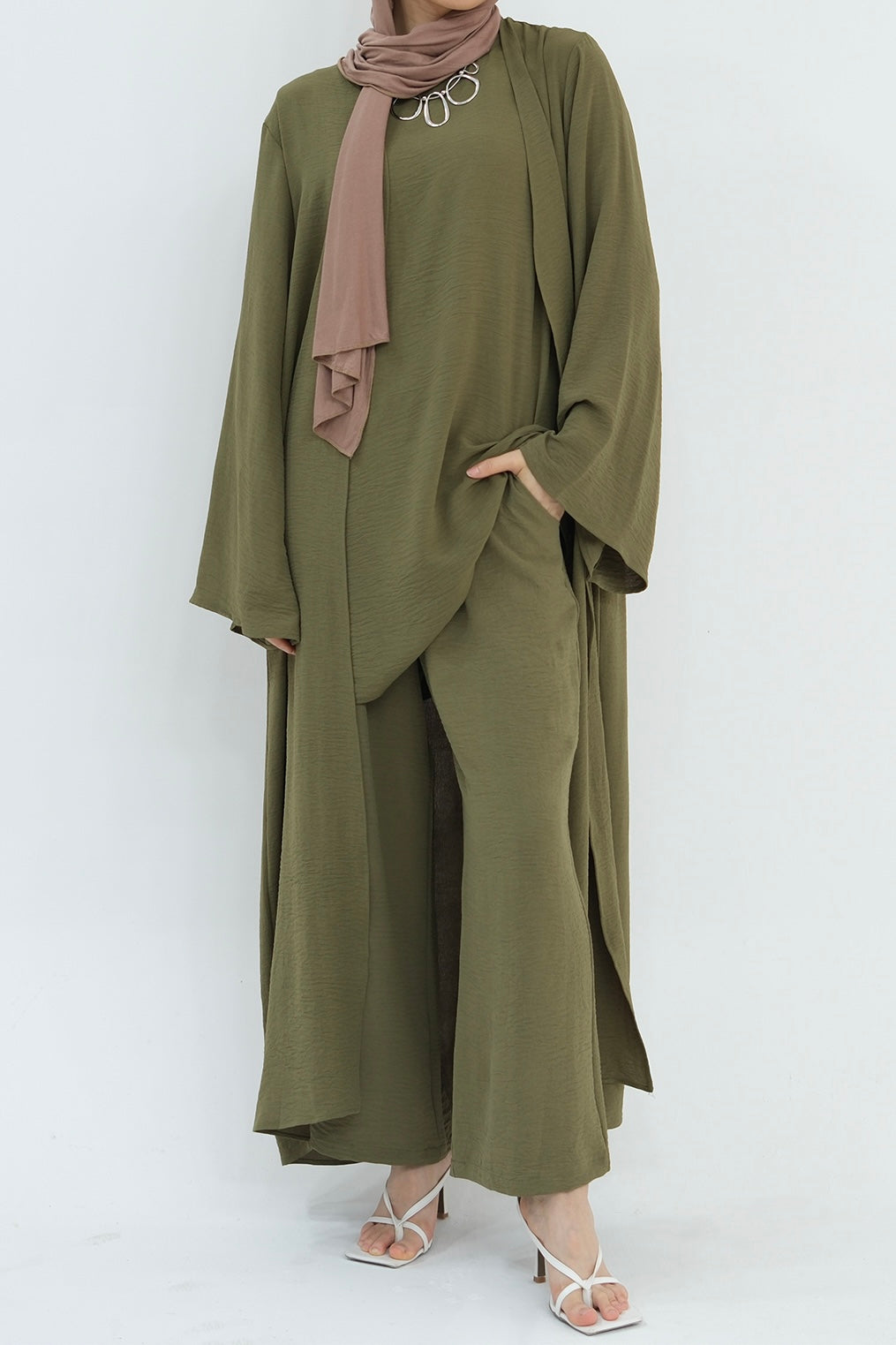 Sadia Stylish Casual Three Piece Abaya Set 779 - Army Green