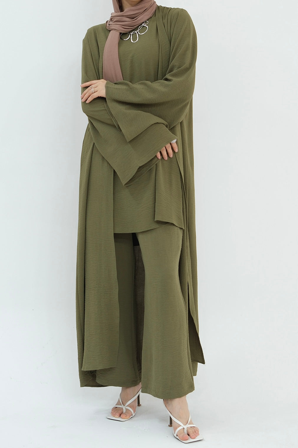 Sadia Stylish Casual Three Piece Abaya Set 779 - Army Green